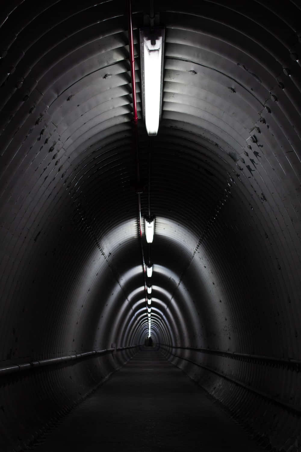 Dark Underground, fluorescent lights, curved metallic walls, HD Phone Wallpaper