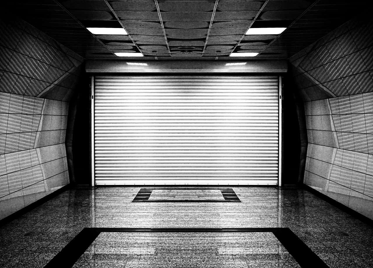 dark underground, black and white photo, closed metal roll-up door, HD Desktop Wallpaper