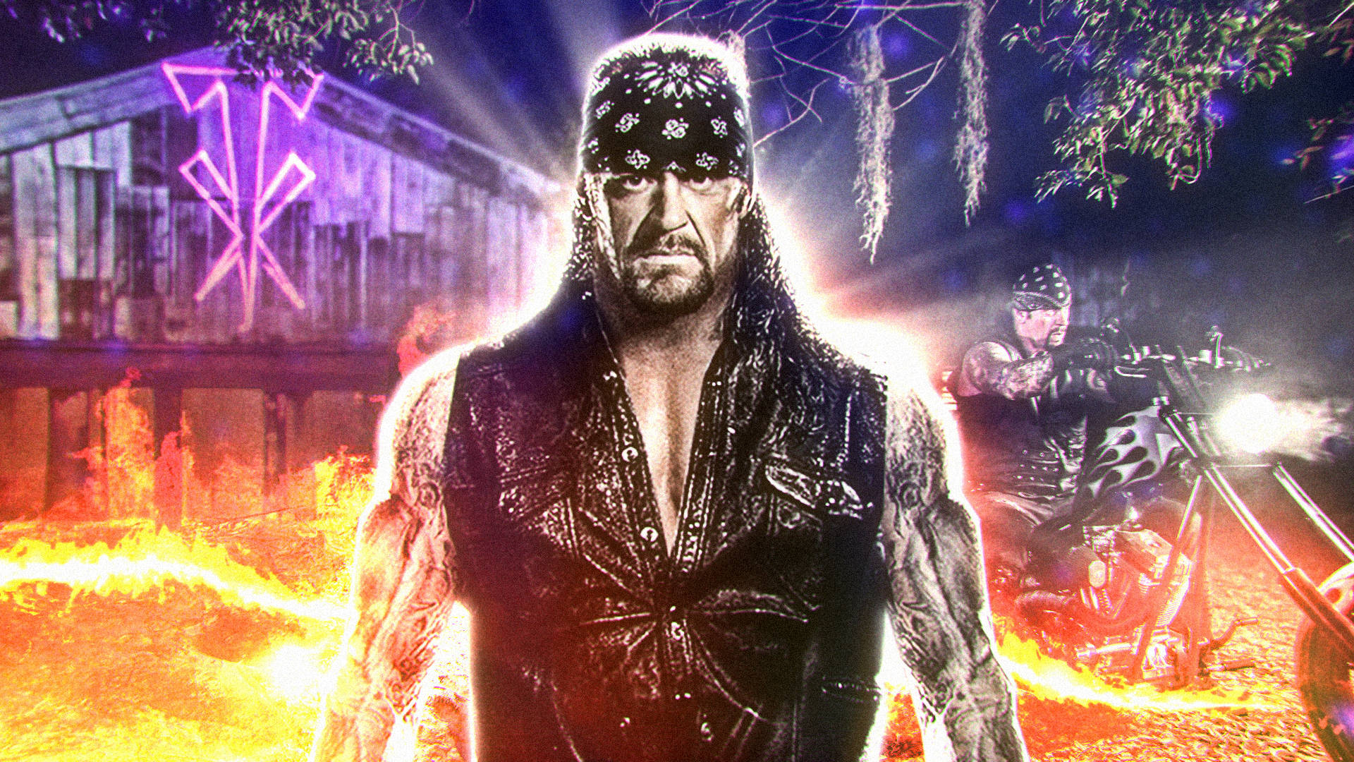 The Undertaker, flaming motorcycle, fiery hellfire, Full HD Desktop Wallpaper