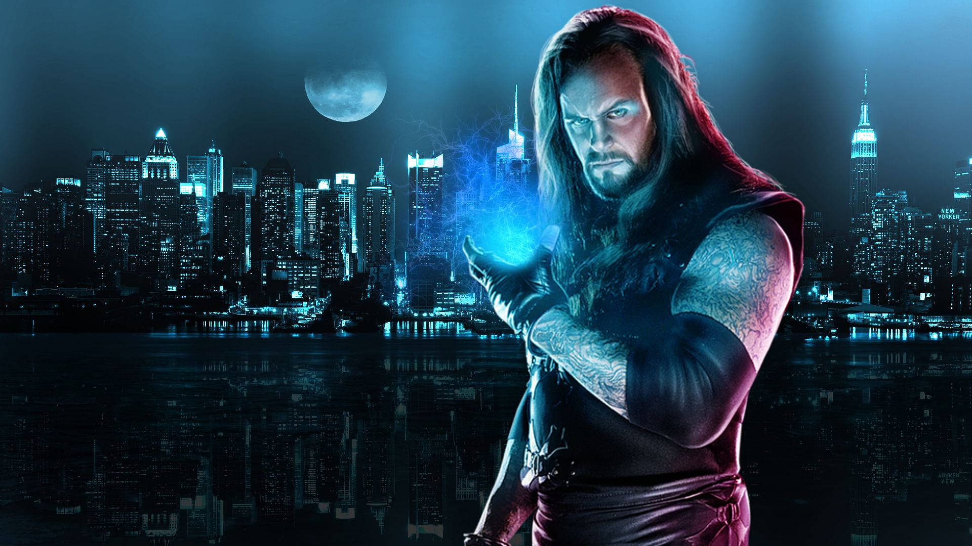 The Undertaker, neon-lit city skyline, full moon, Full HD Desktop Wallpaper