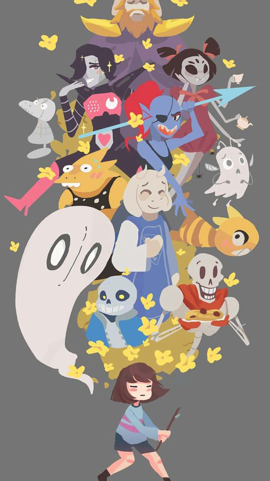 Undertale, yellow petals, gray background, Full HD Phone Wallpaper