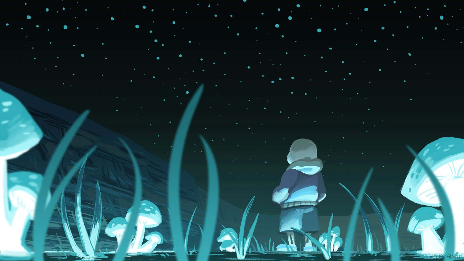 Undertale Sans, glowing blue mushroom forest, starry night sky, Full HD Desktop Wallpaper