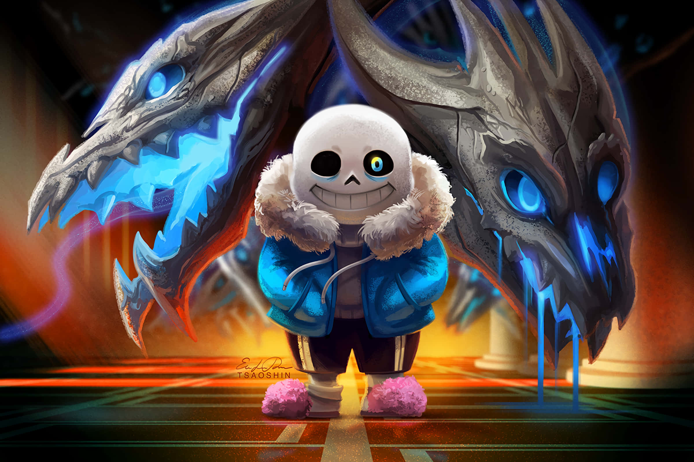 Undertale Sans, blue jacket, glowing blue dragon heads, Full HD Desktop Wallpaper