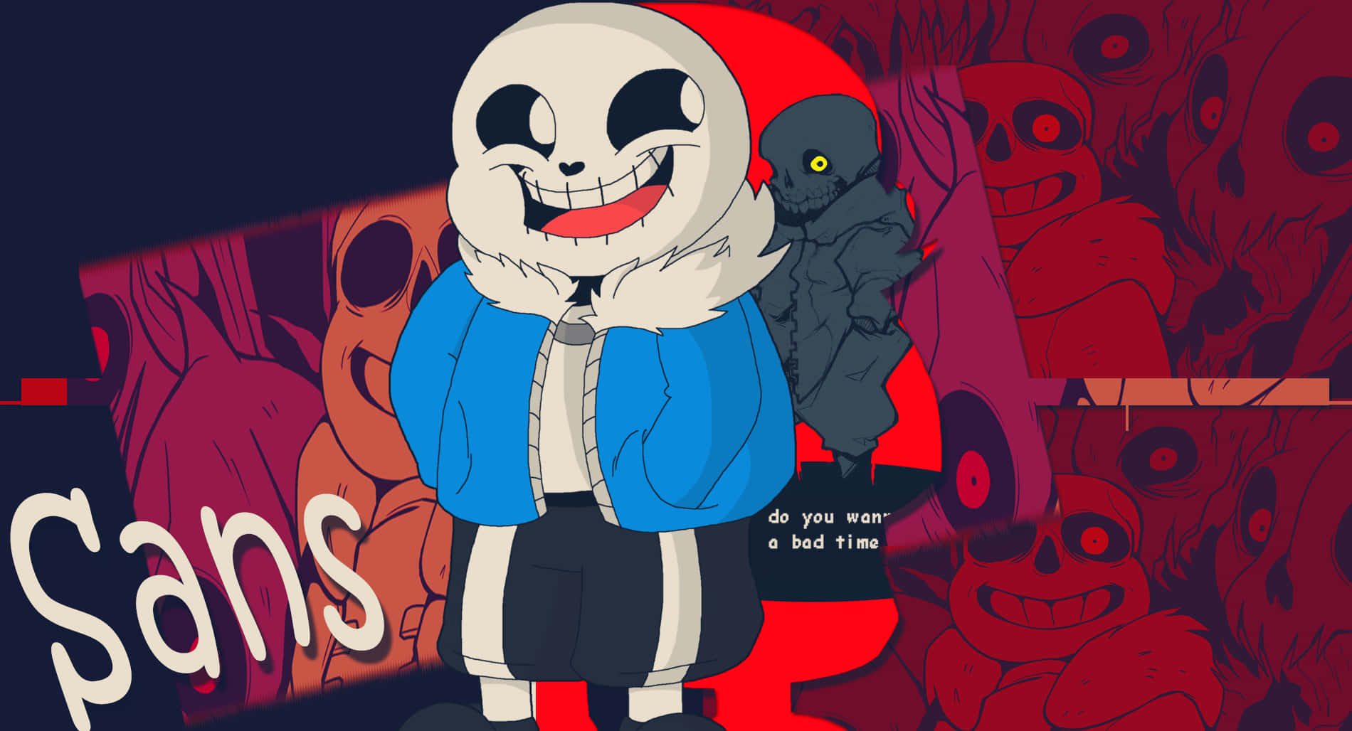 Undertale Sans, blue jacket, red-hued background, HD Desktop Wallpaper