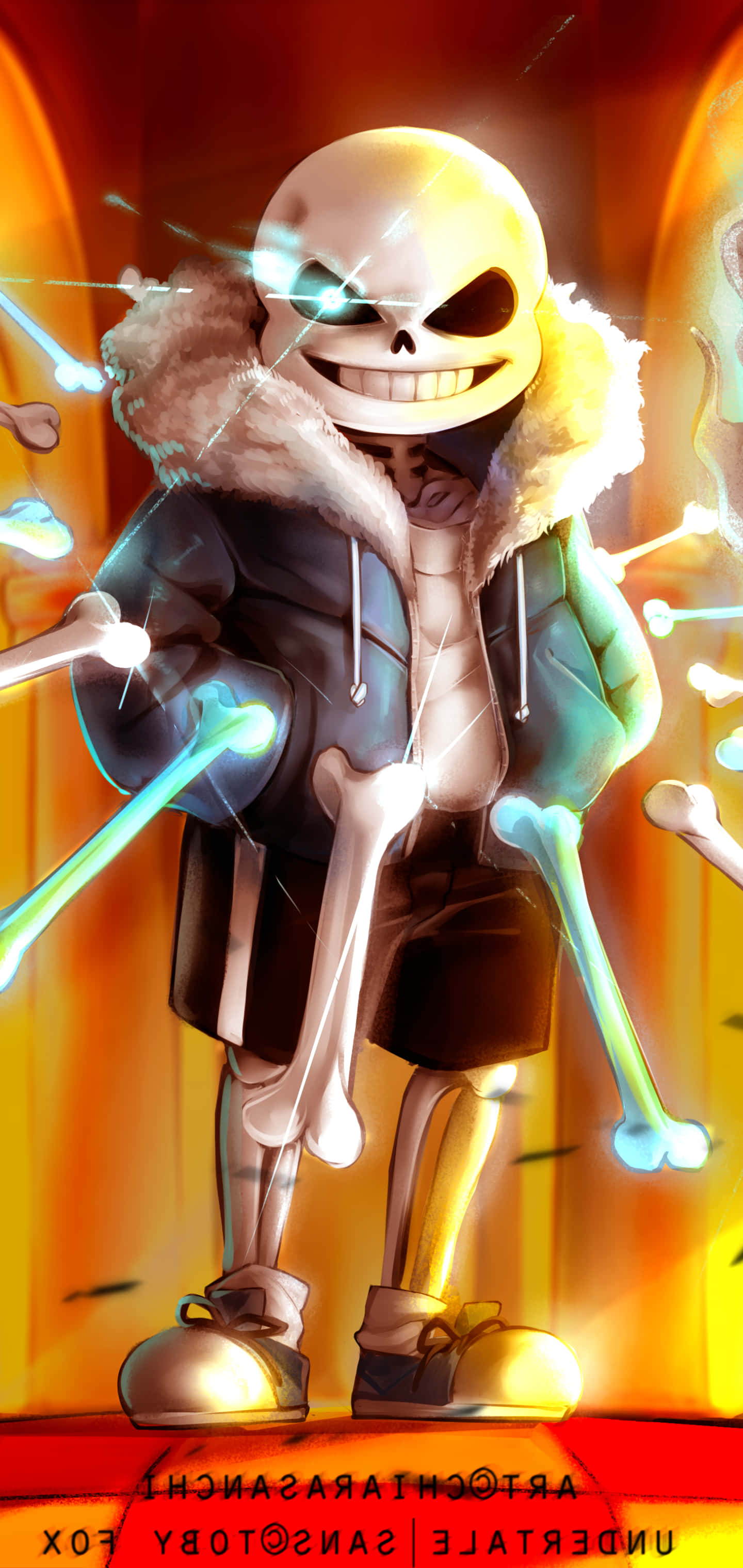 Undertale Sans, fur-lined coat, glowing blue bone arms, 2K Phone Wallpaper