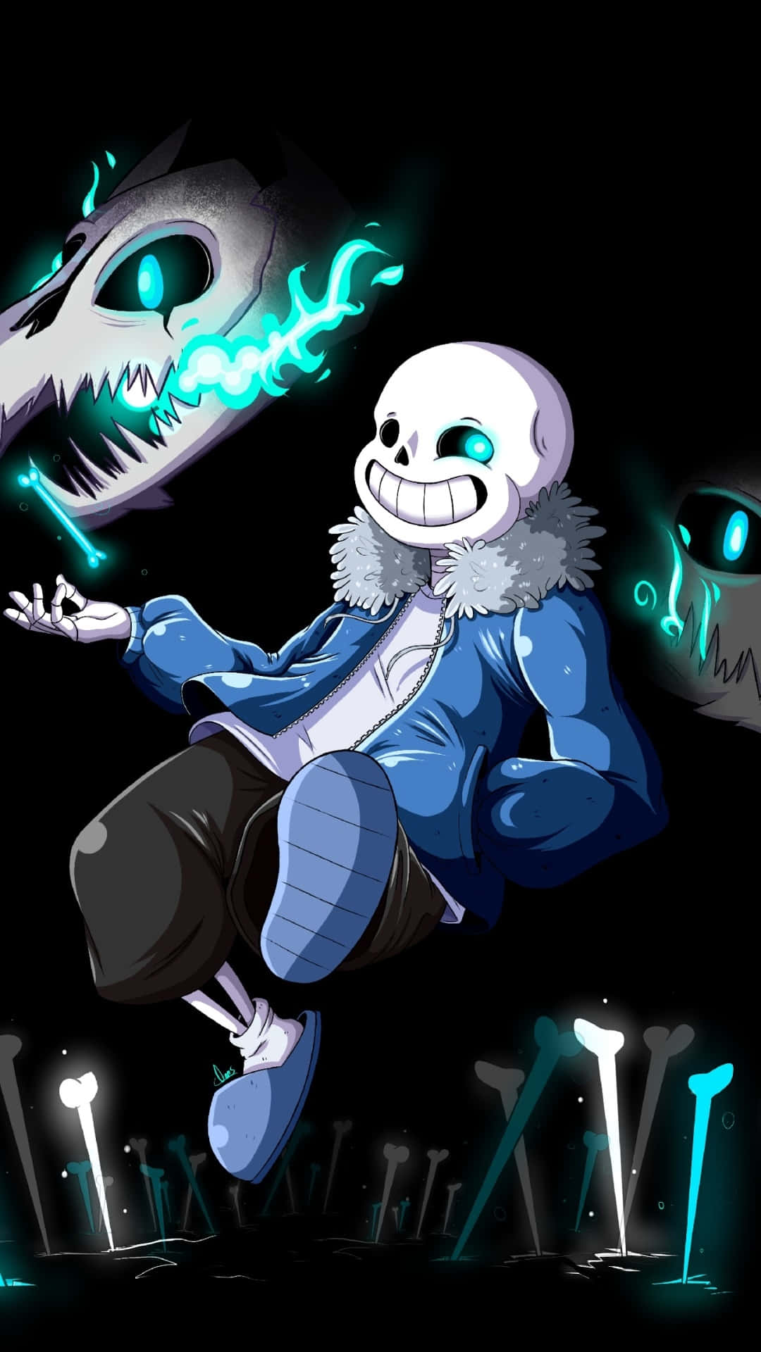 Undertale Sans, blue jacket, glowing bones, Full HD Phone Wallpaper