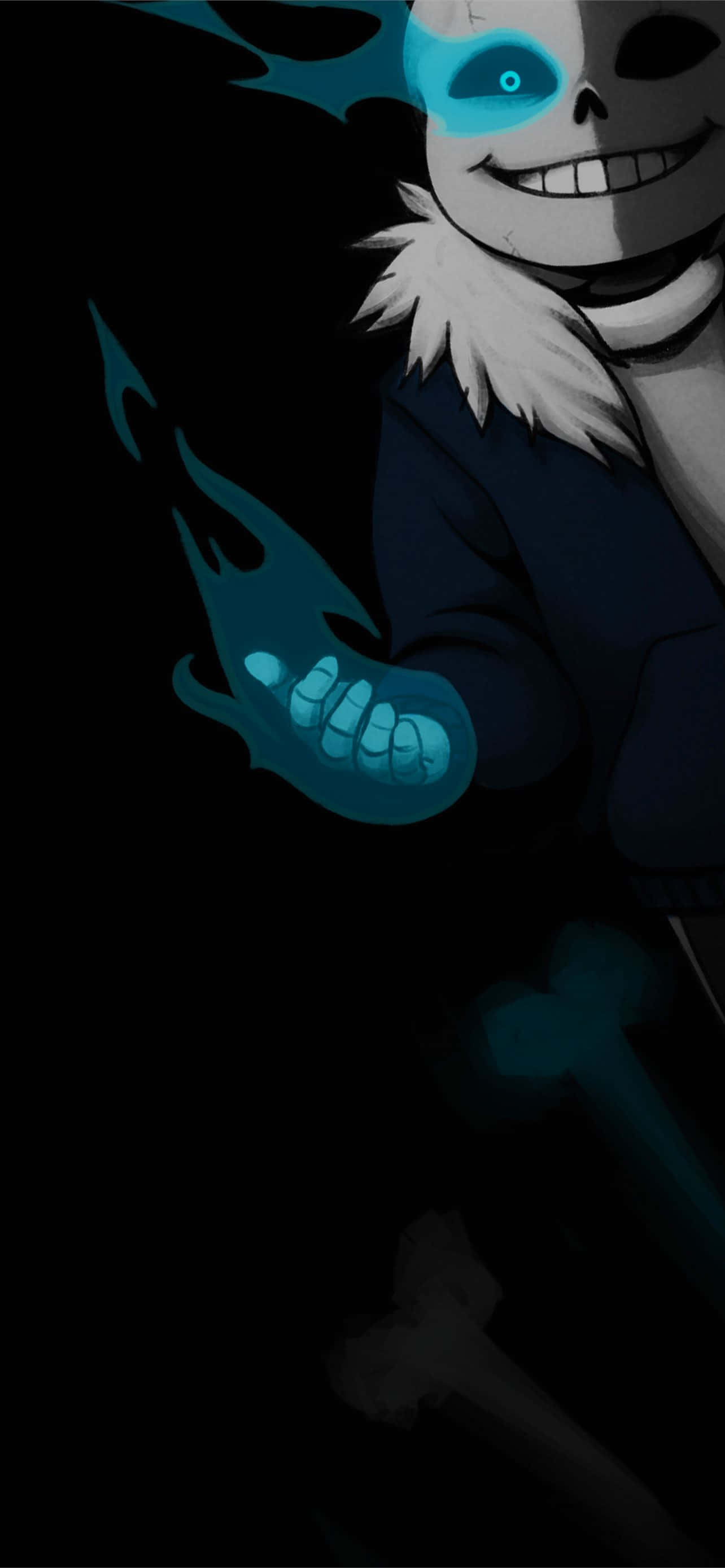 Undertale Sans, glowing blue eyes, bone, 2K Phone Wallpaper