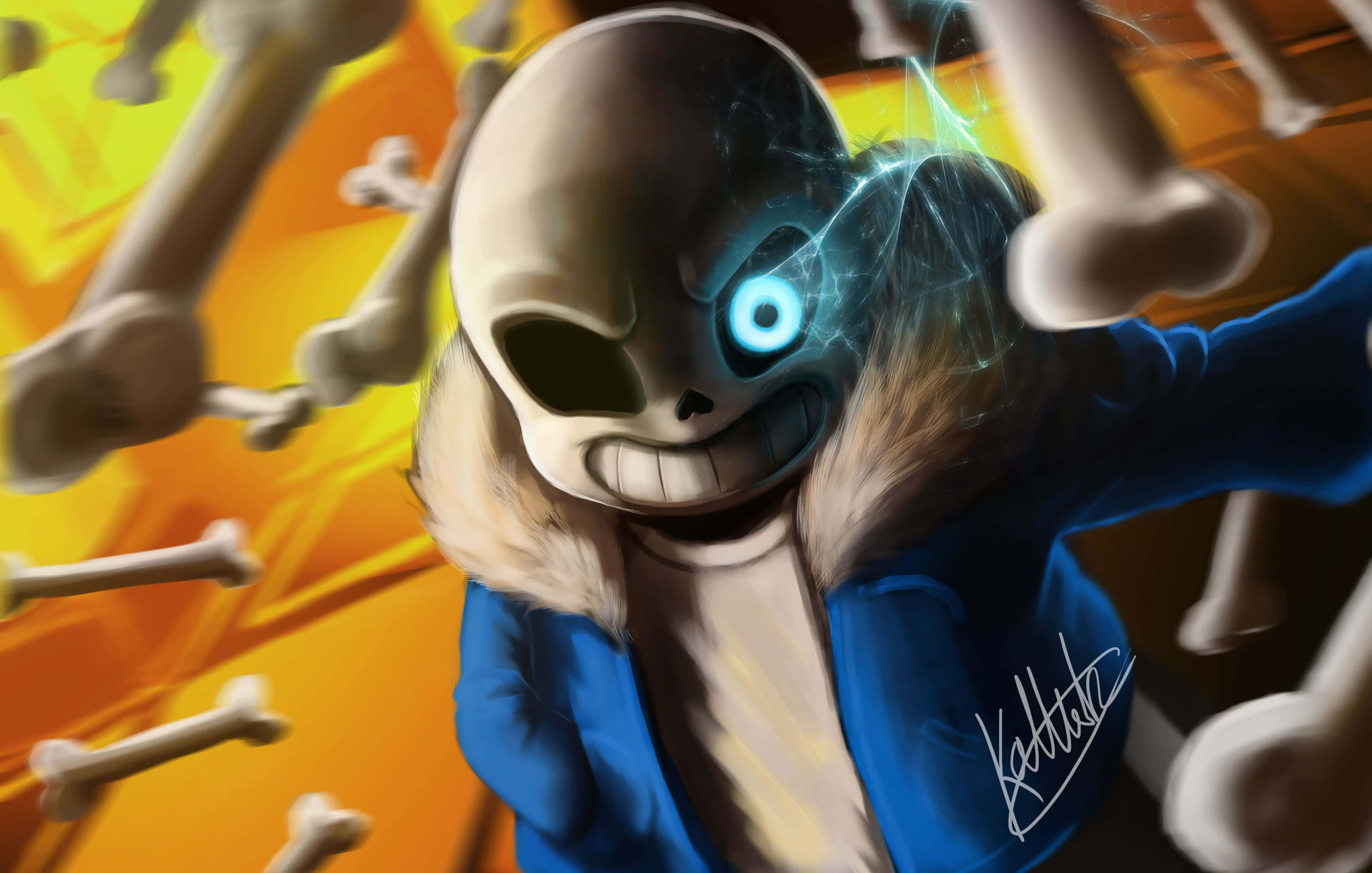Undertale Sans, glowing blue eye, wide grin, 2K Desktop Wallpaper