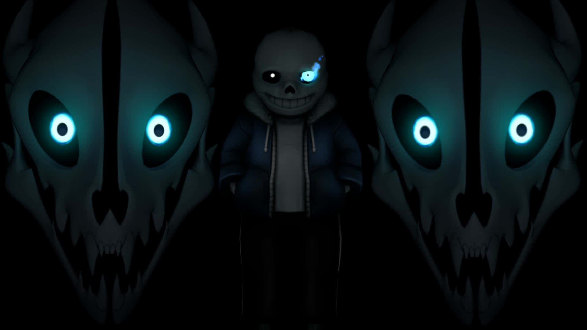 Undertale Sans, glowing blue eyes, large menacing skulls, Full HD Desktop Wallpaper