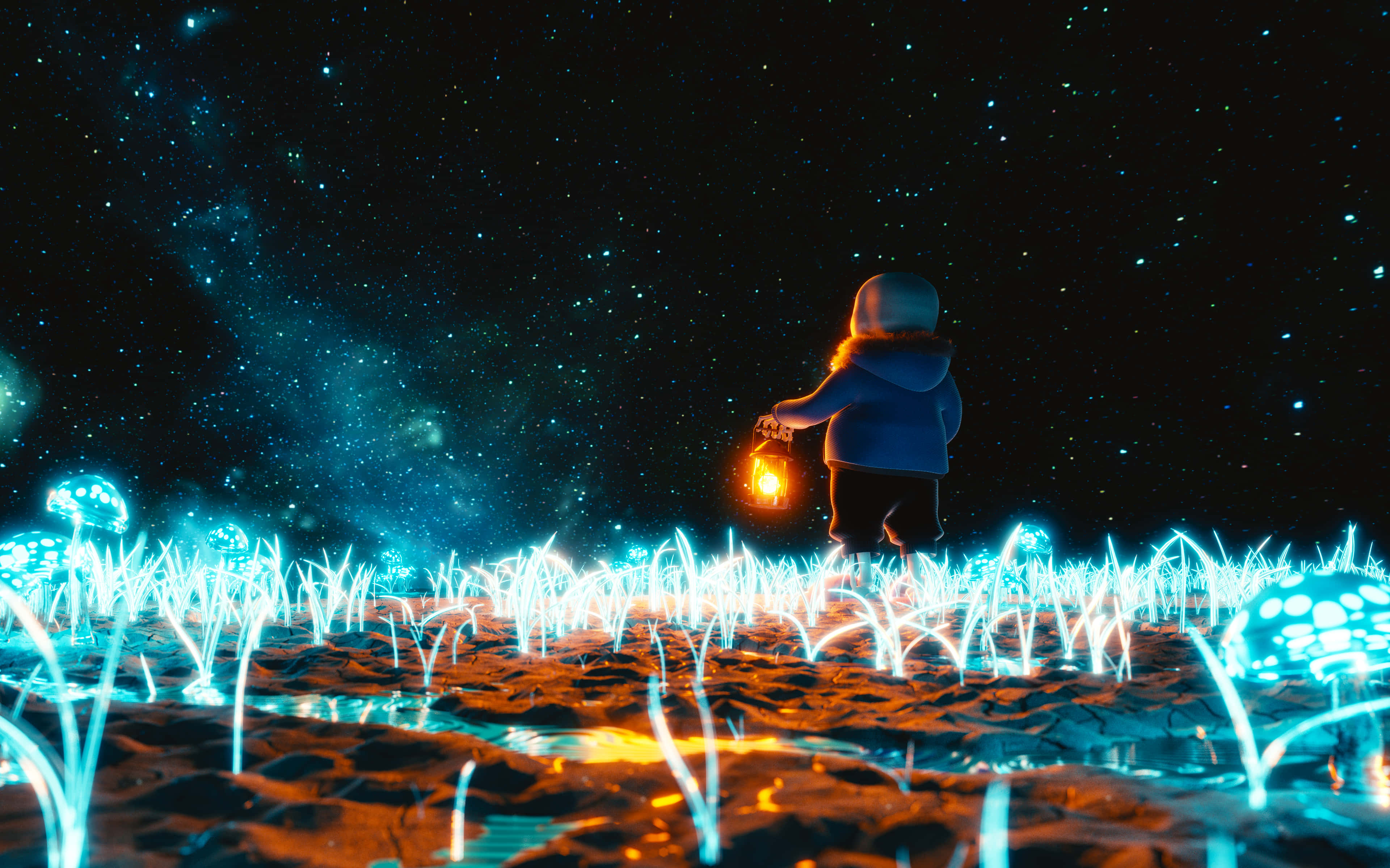 Undertale Sans, blue hoodie, glowing blue grass, 4K Desktop Wallpaper