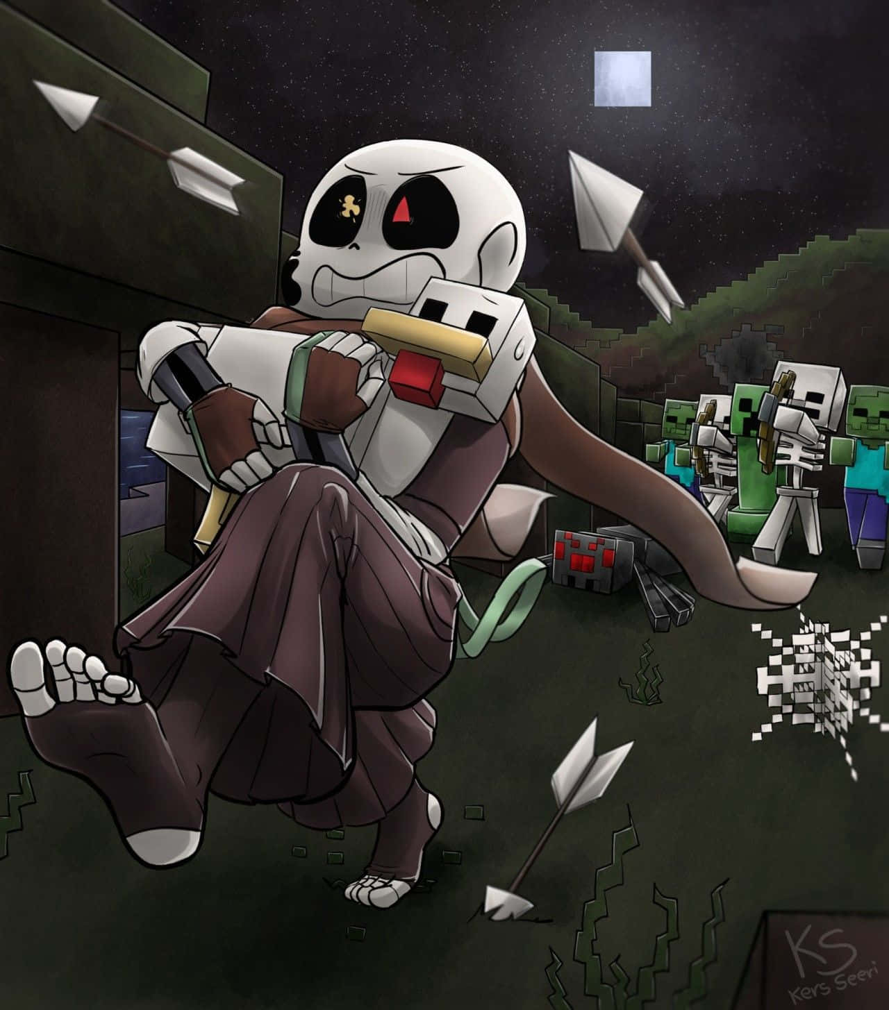 Undertale Sans, brown robe, Minecraft-style sword, HD Phone Wallpaper