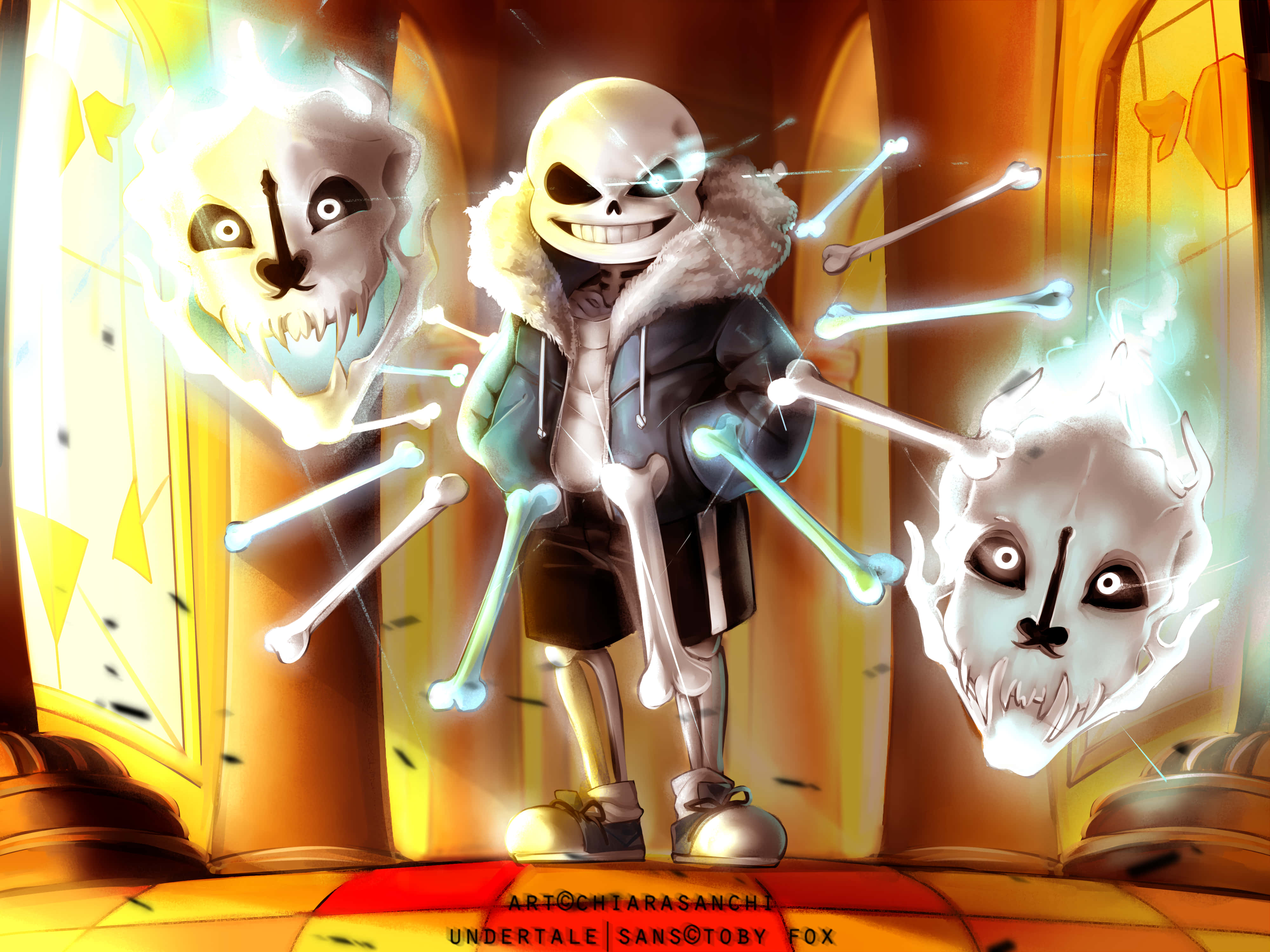 Undertale Sans, fur-lined coat, glowing ghostly dog heads, 4K Desktop Wallpaper