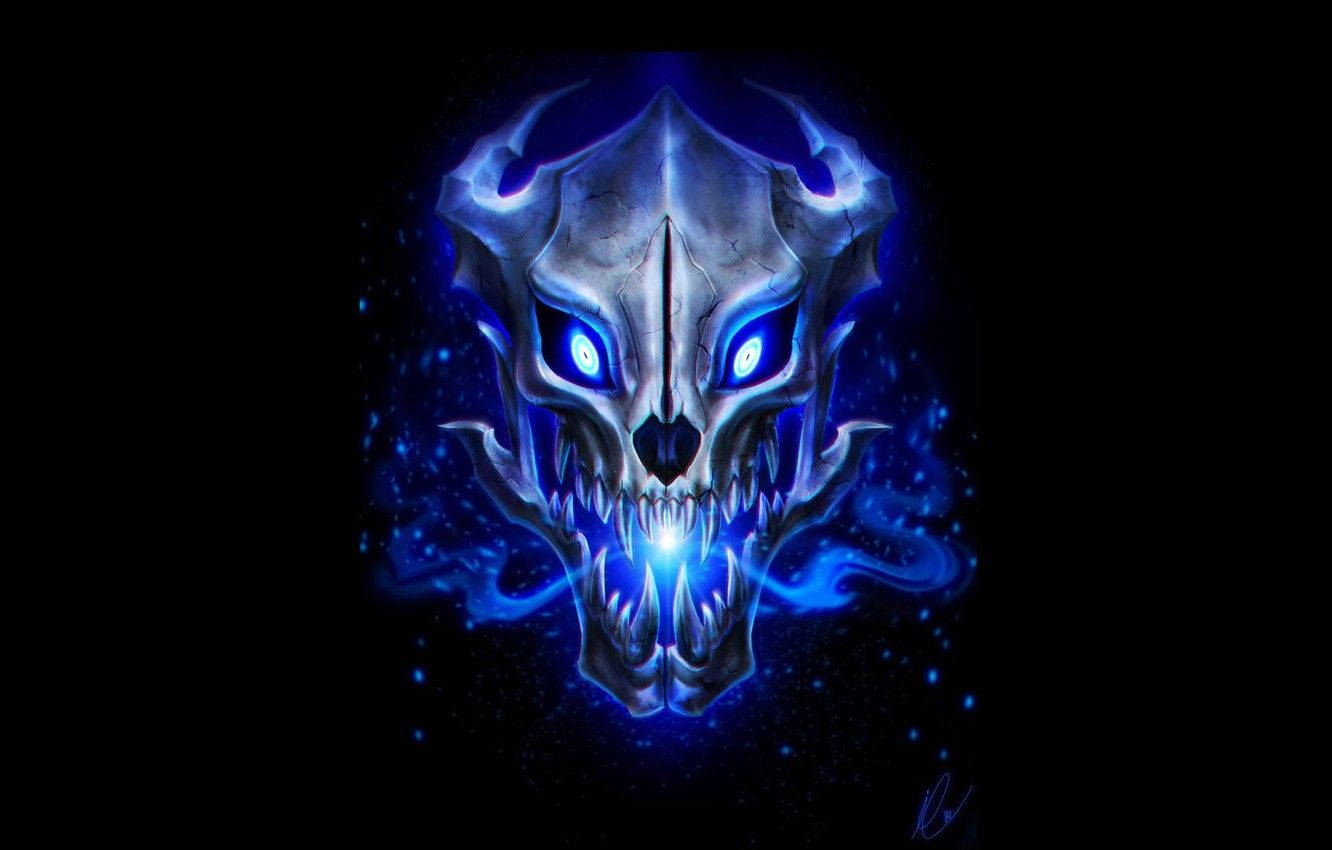 Undertale, evil skeleton skull, glowing blue eyes, HD Desktop Wallpaper