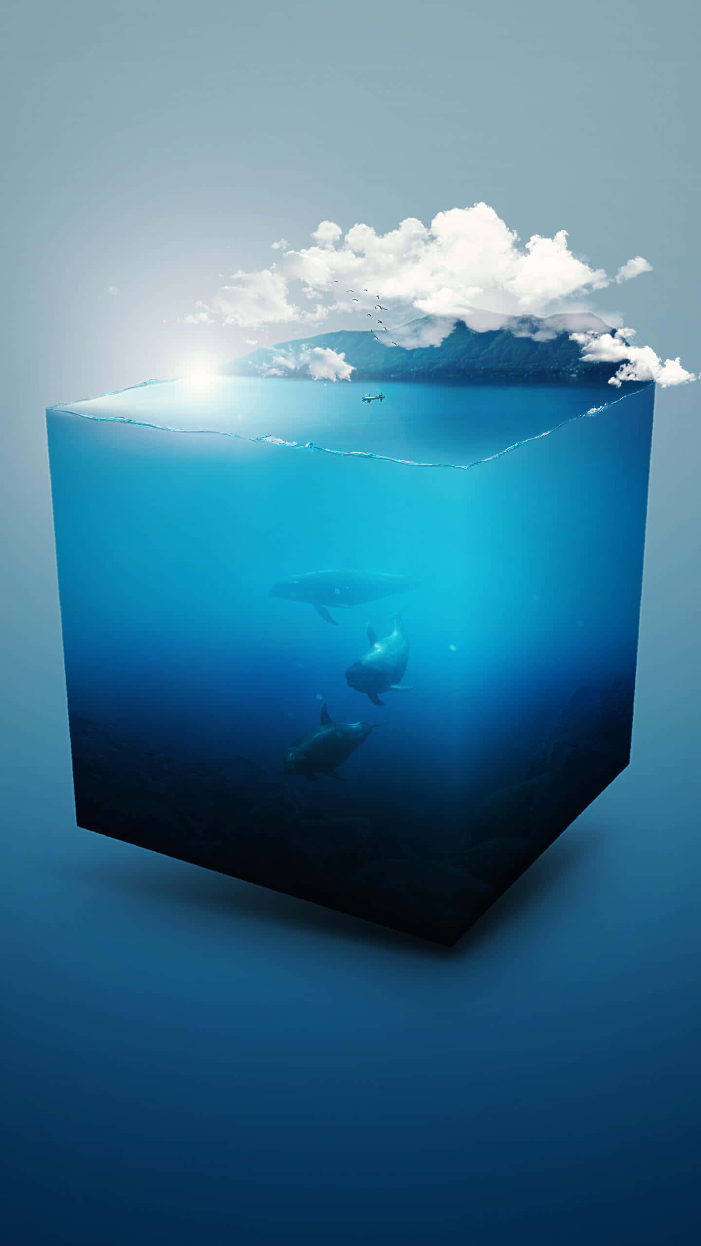 Underwater iPhone, transparent cube, ocean, 2K Phone Wallpaper