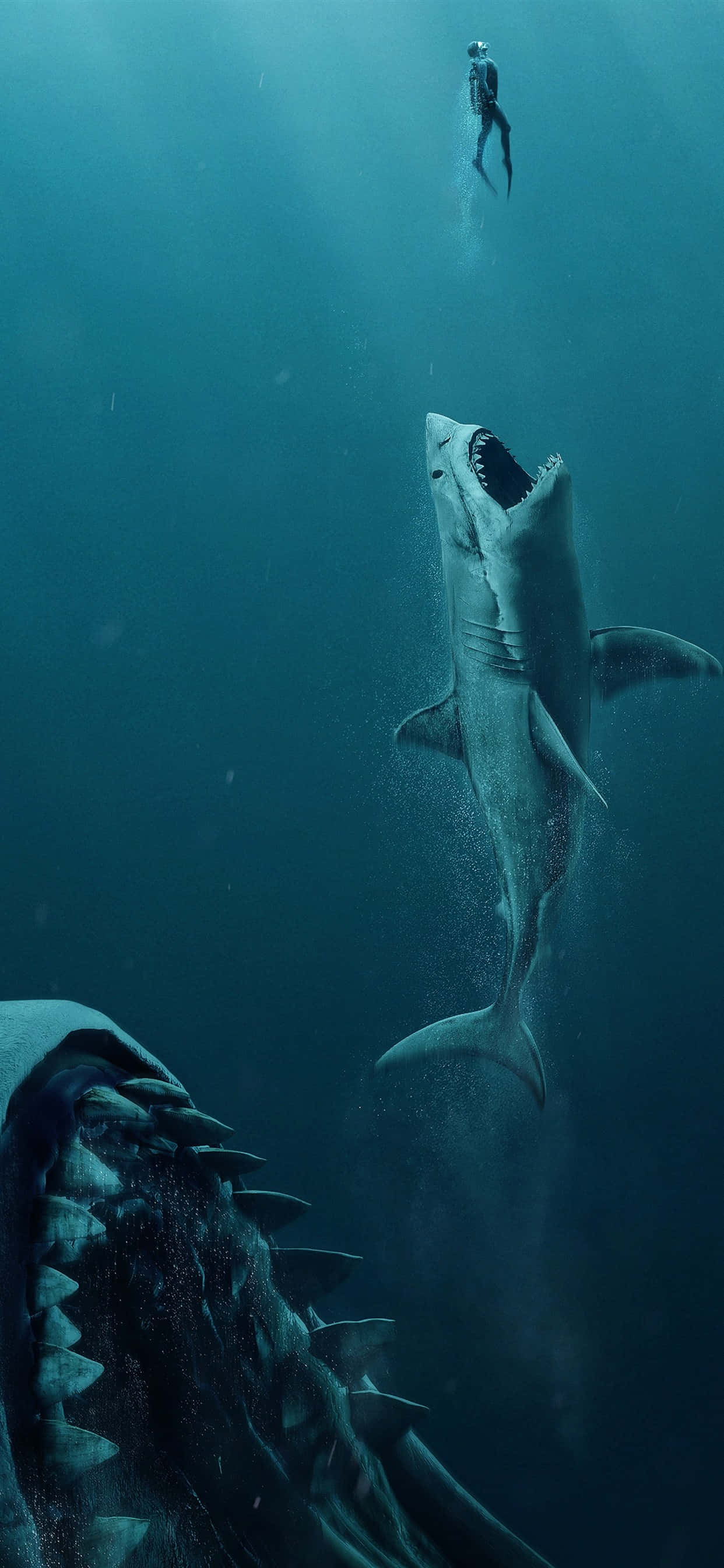 iPhone, great white shark, deep blue ocean water, 2K Phone Wallpaper