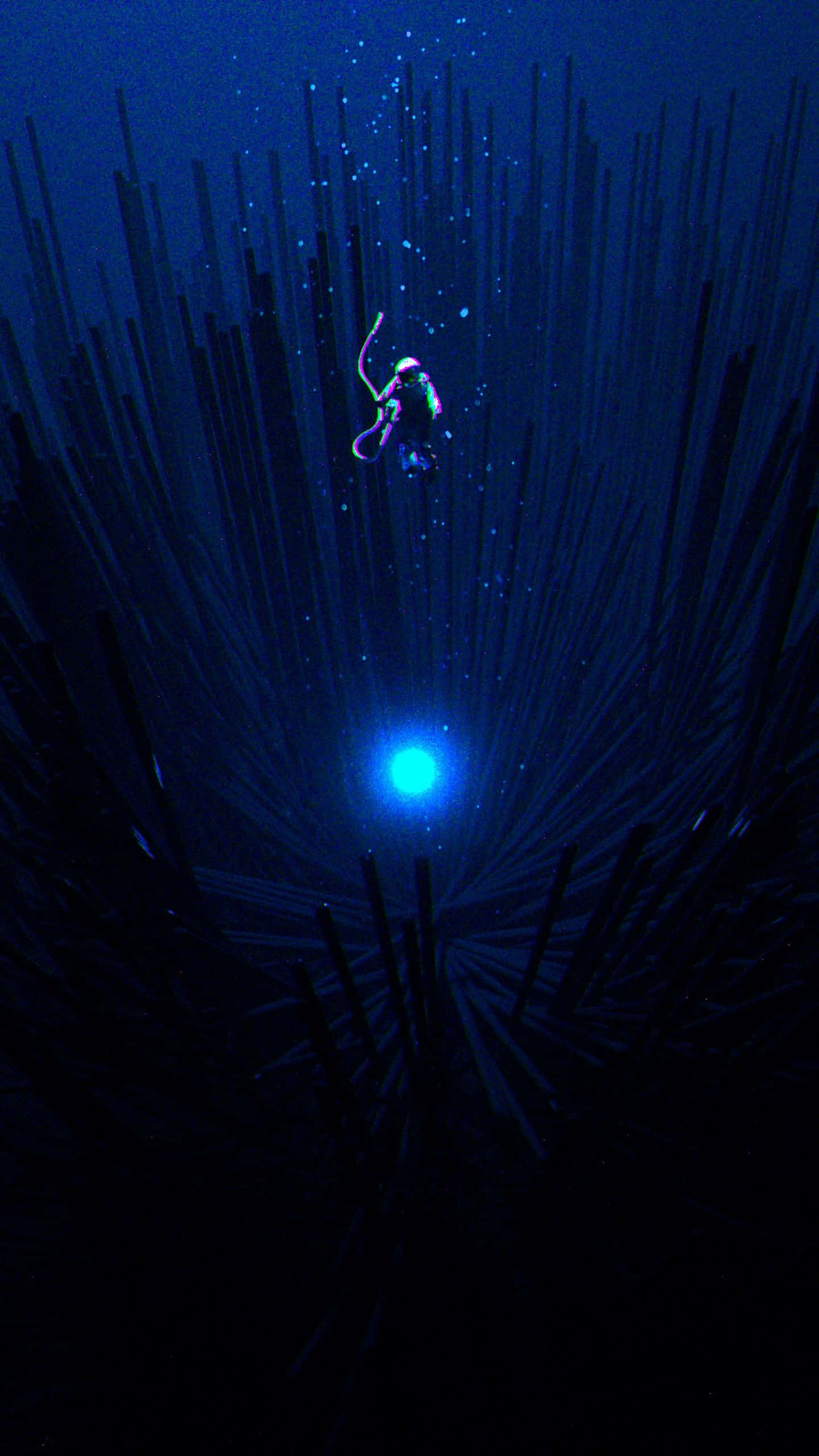 Glowing Blue Orb, underwater forest, tall dark spines, 2K Phone Wallpaper