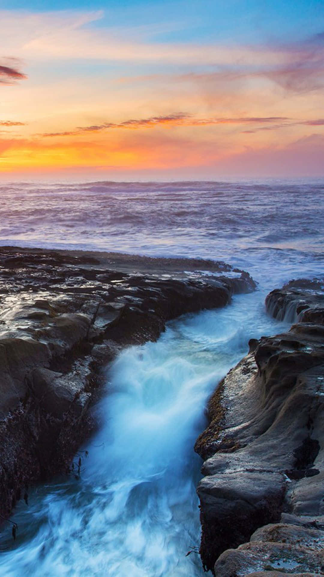 Sunset, ocean waves, dark rocky coves, Full HD Phone Wallpaper