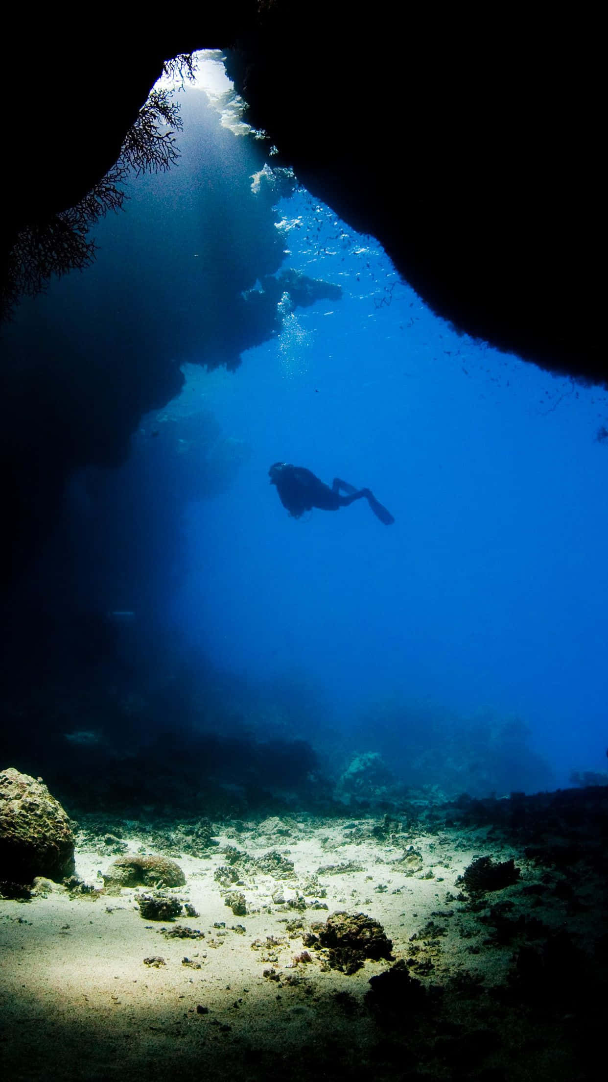 underwater iPhone, diver, sunbeam, Full HD Phone Wallpaper