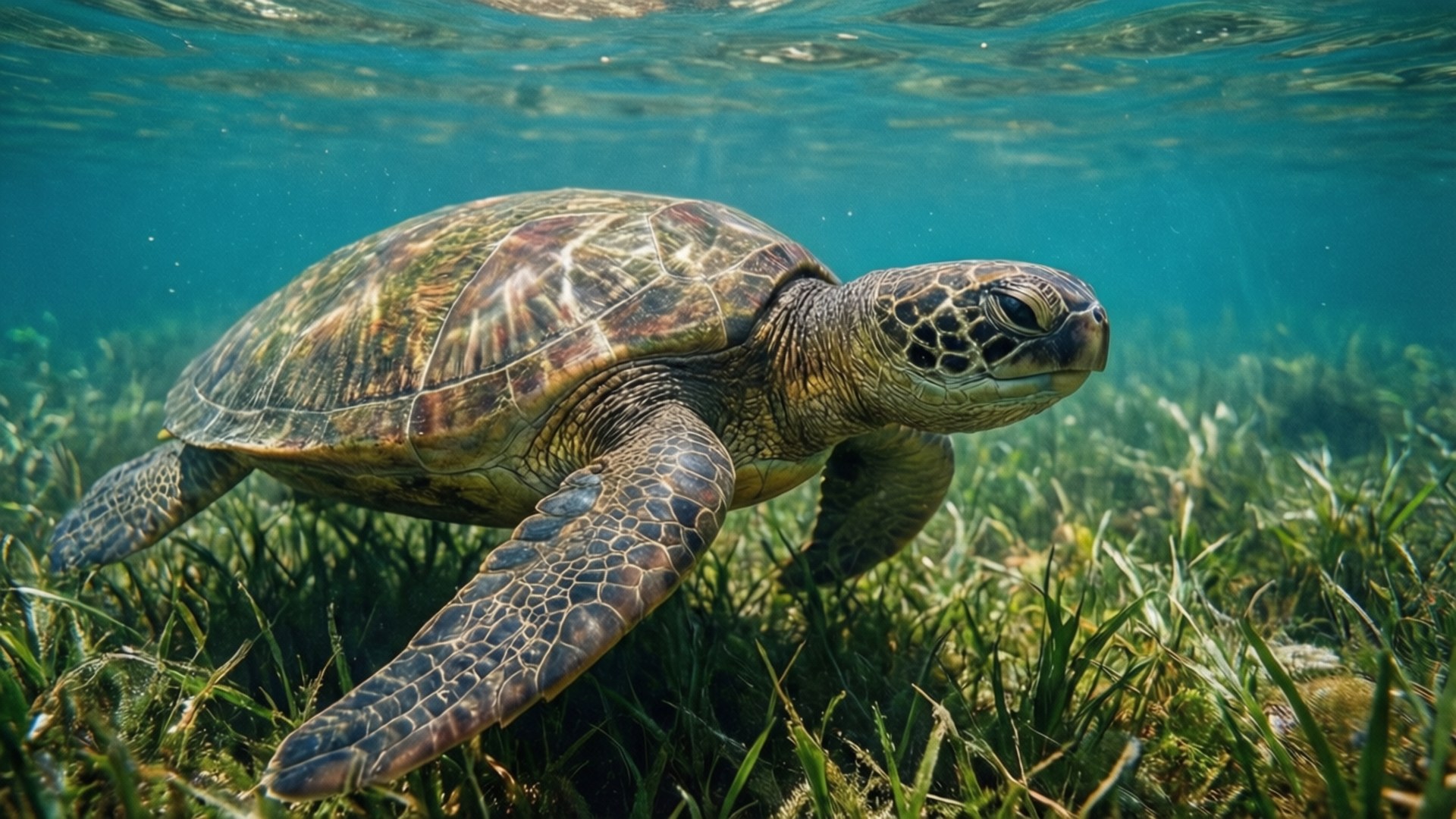 sea turtle, seagrass meadow, turquoise water, Full HD Desktop Wallpaper