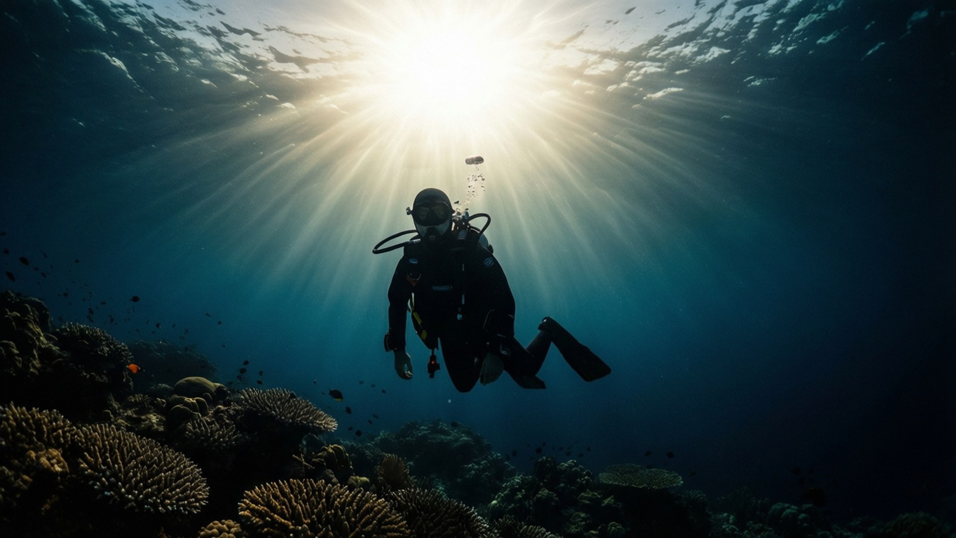 scuba diver, sunbeams, ocean surface, Full HD Desktop Wallpaper