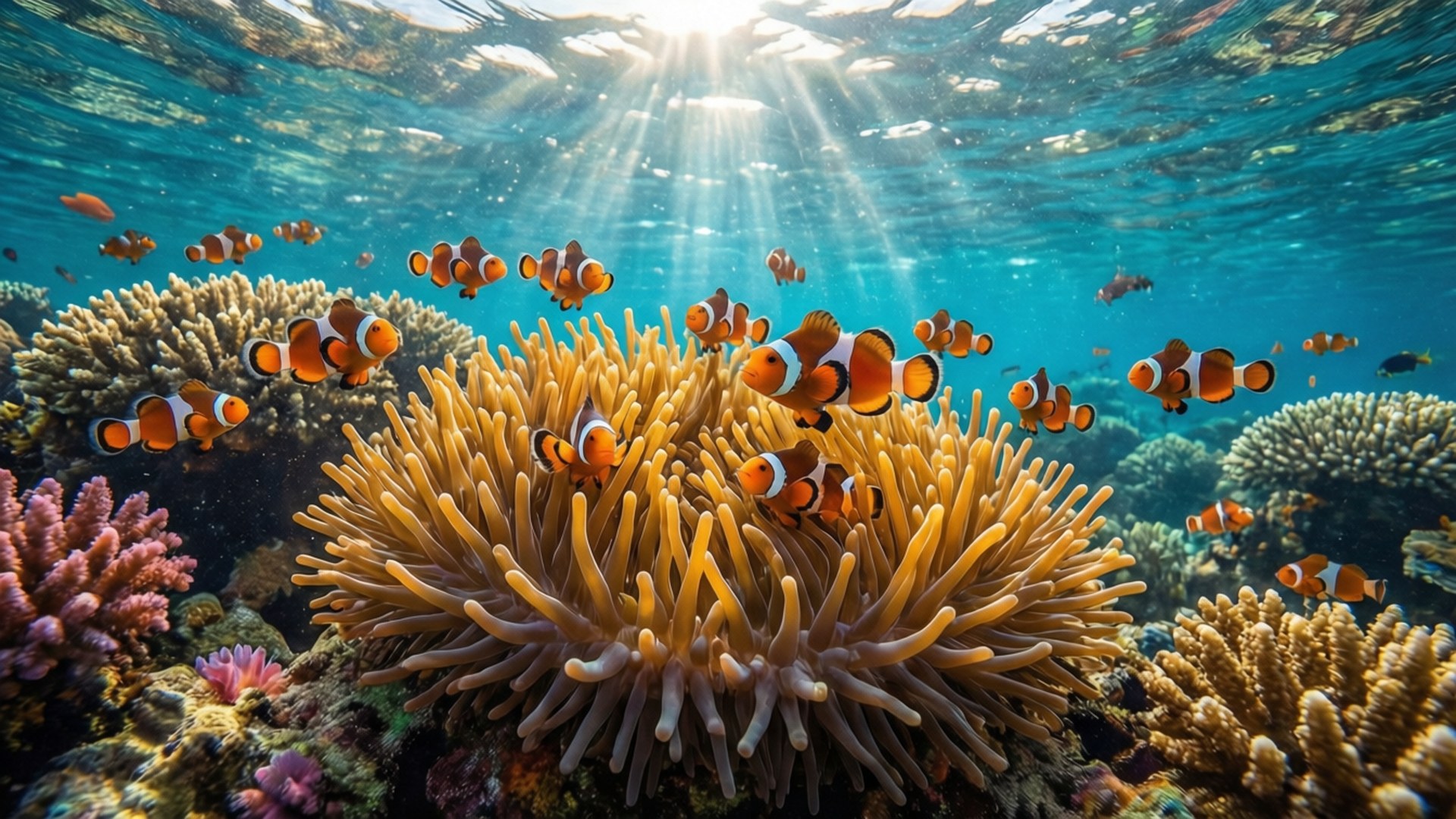 reef clownfish haven, clownfish, anemones, Full HD Desktop Wallpaper