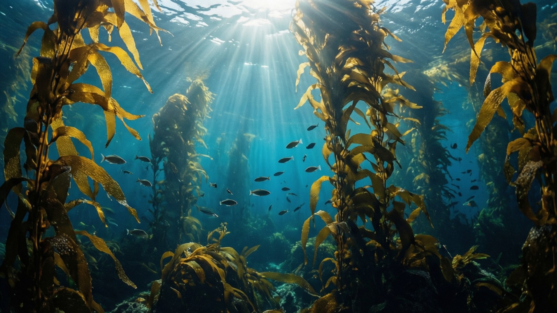 sunlit kelp forest, sunlight rays, deep blue water, Full HD Desktop Wallpaper