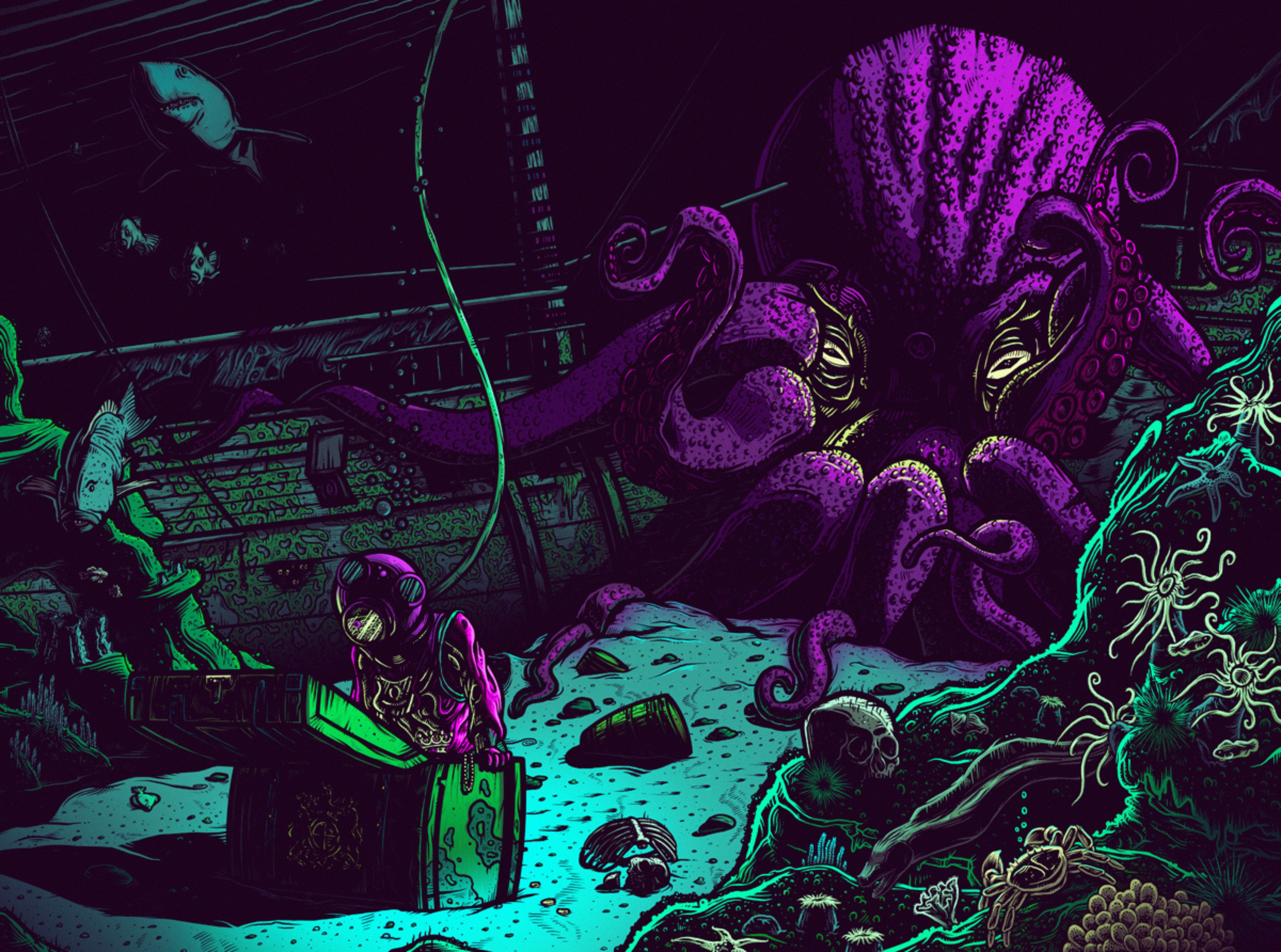dark violet, neon gear, giant purple octopus, 4K Desktop Wallpaper