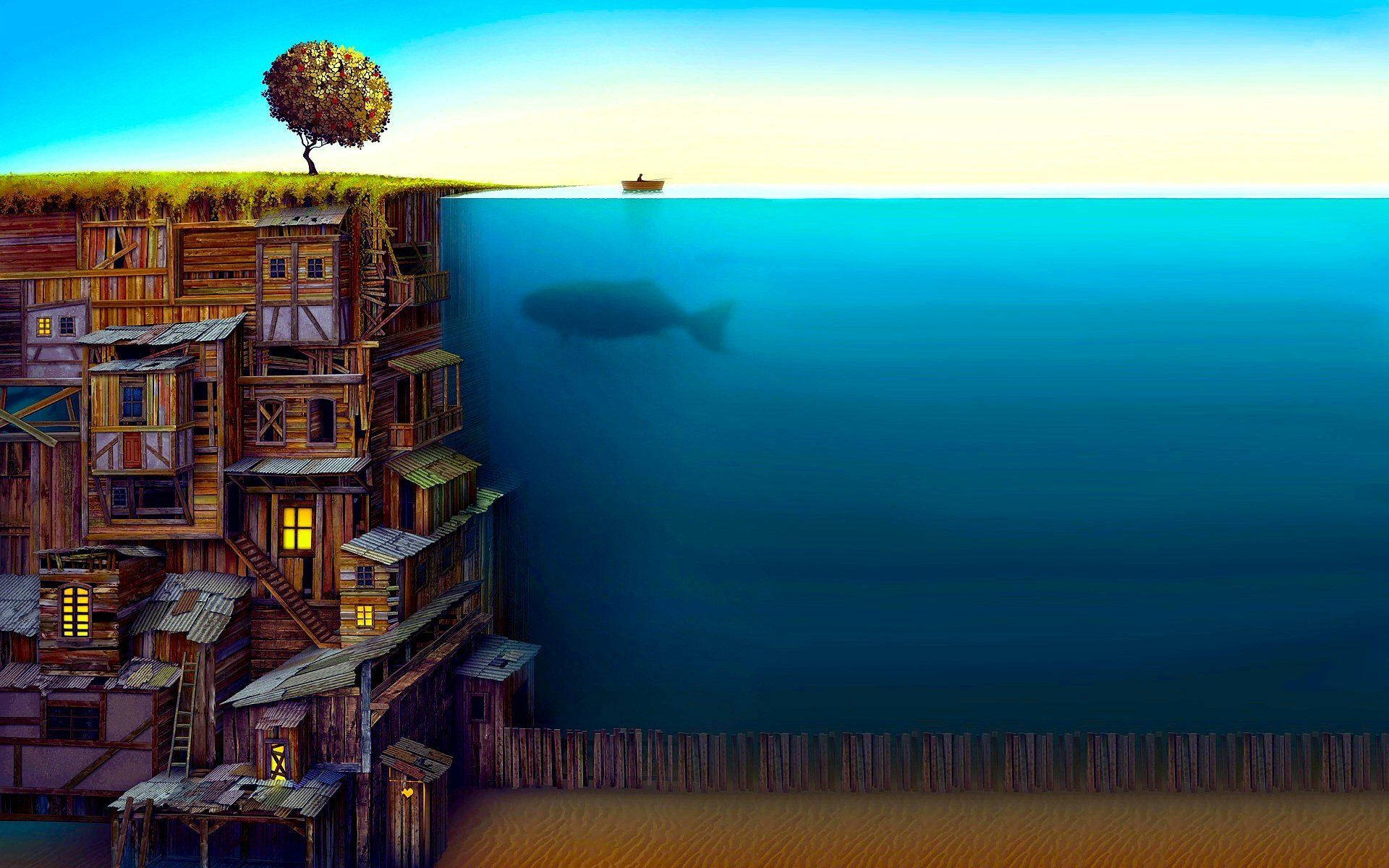 wooden house, underwater section cut, surreal wooden village, Full HD Desktop Wallpaper