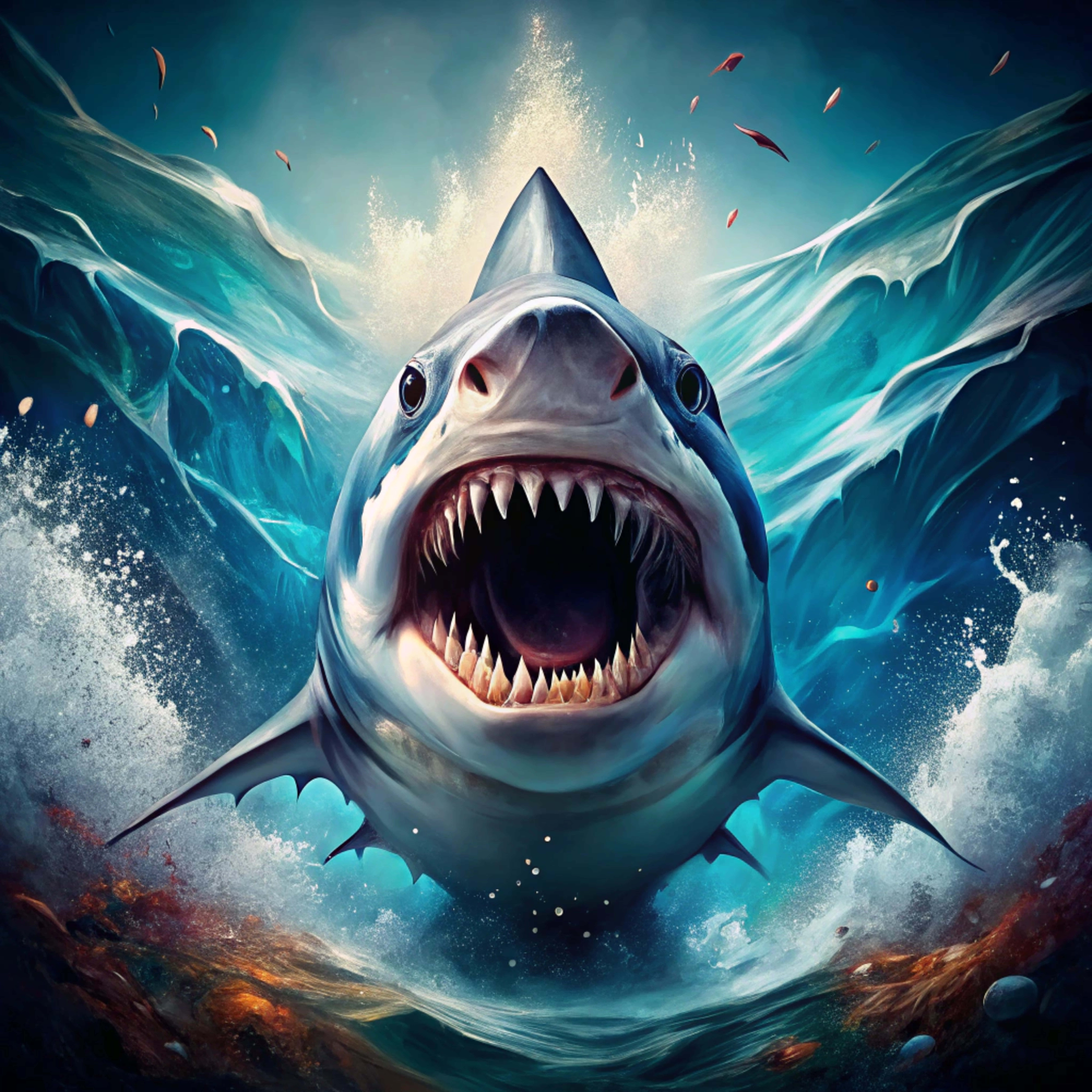great white shark, turbulent turquoise waters, jaws wide open, 8K Desktop Wallpaper