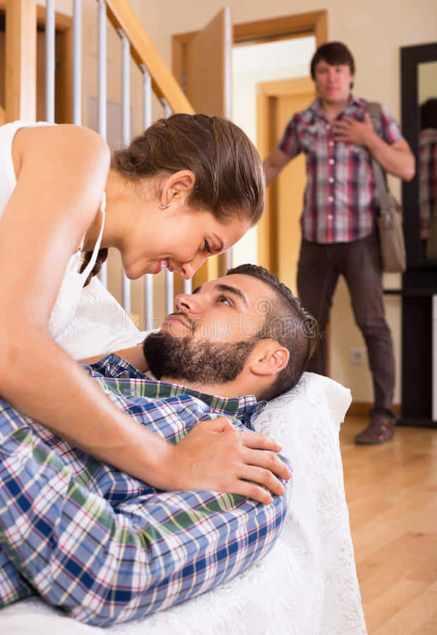 Unfaithful Girl With Guy, bearded man, bed, SD Phone Wallpaper