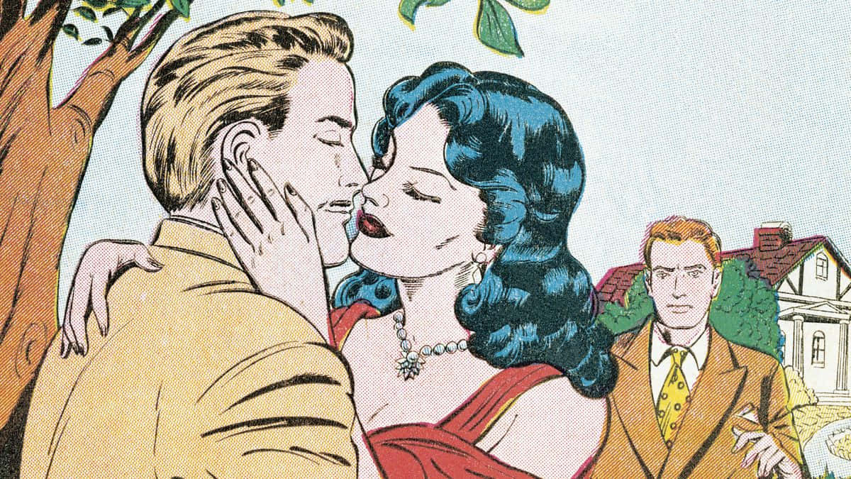 Unfaithful Woman, vintage comic book style, couple kissing, SD Desktop Wallpaper