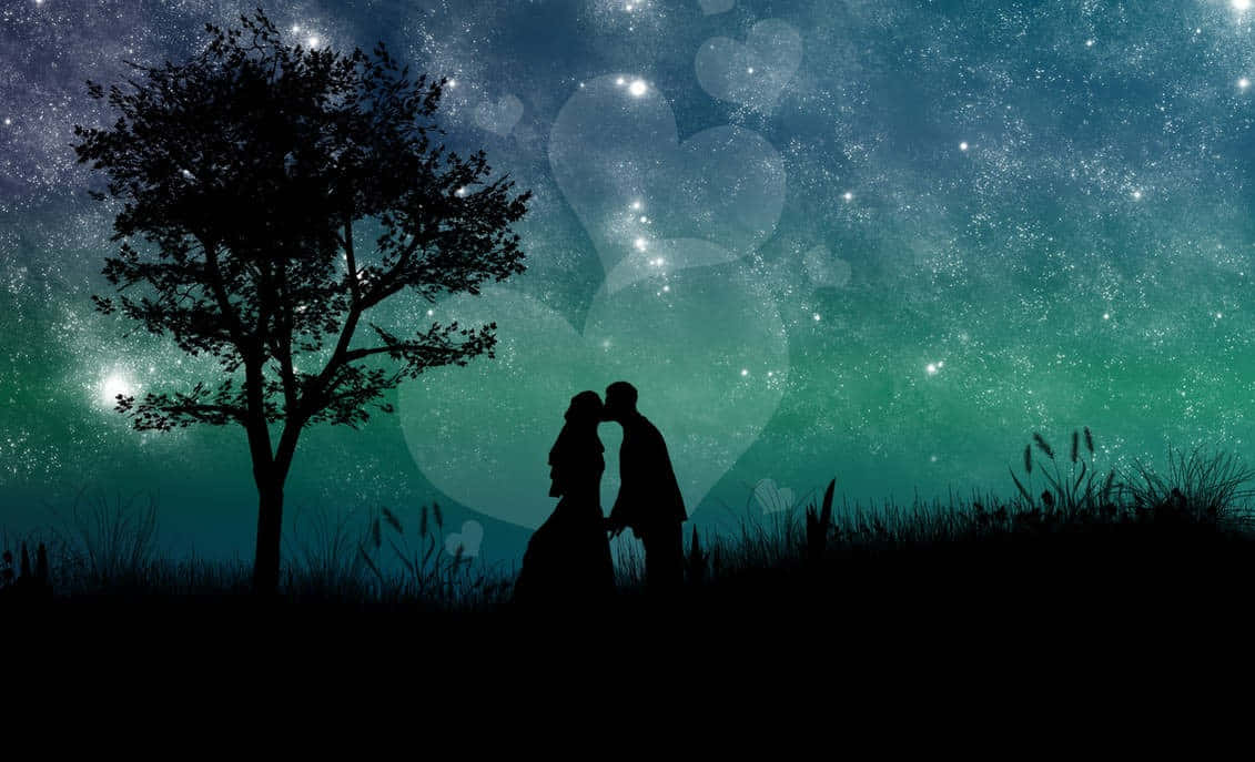 Starry Night Romance Silhouette, starry teal sky, glowing heart shapes, SD Desktop Wallpaper