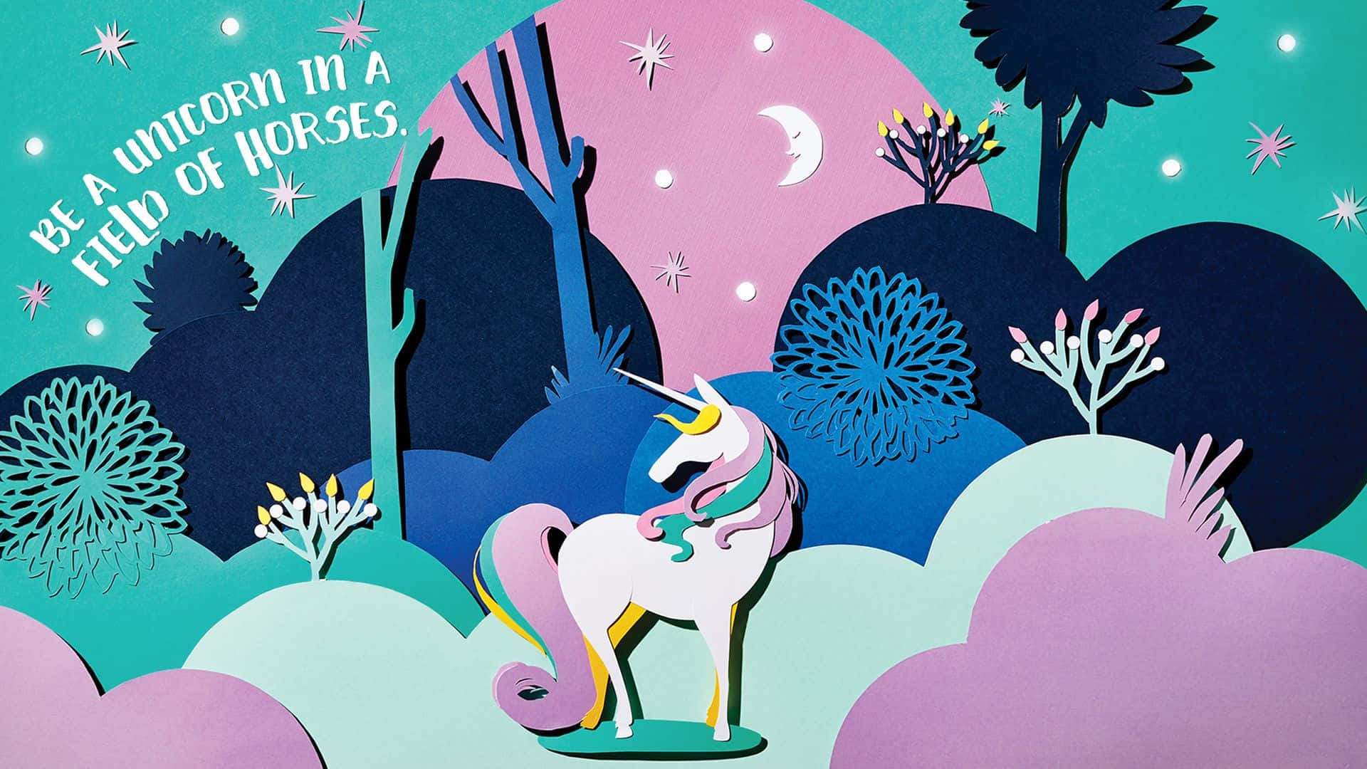 Unicorn Aesthetic, crescent moon, starry sky, Full HD Desktop Wallpaper