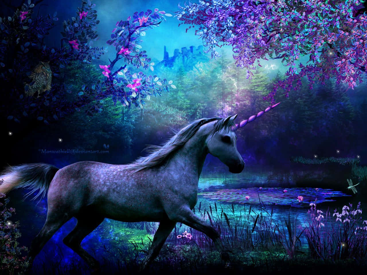 Purple Unicorn, twilight forest, purple and blue magic, HD Desktop Wallpaper