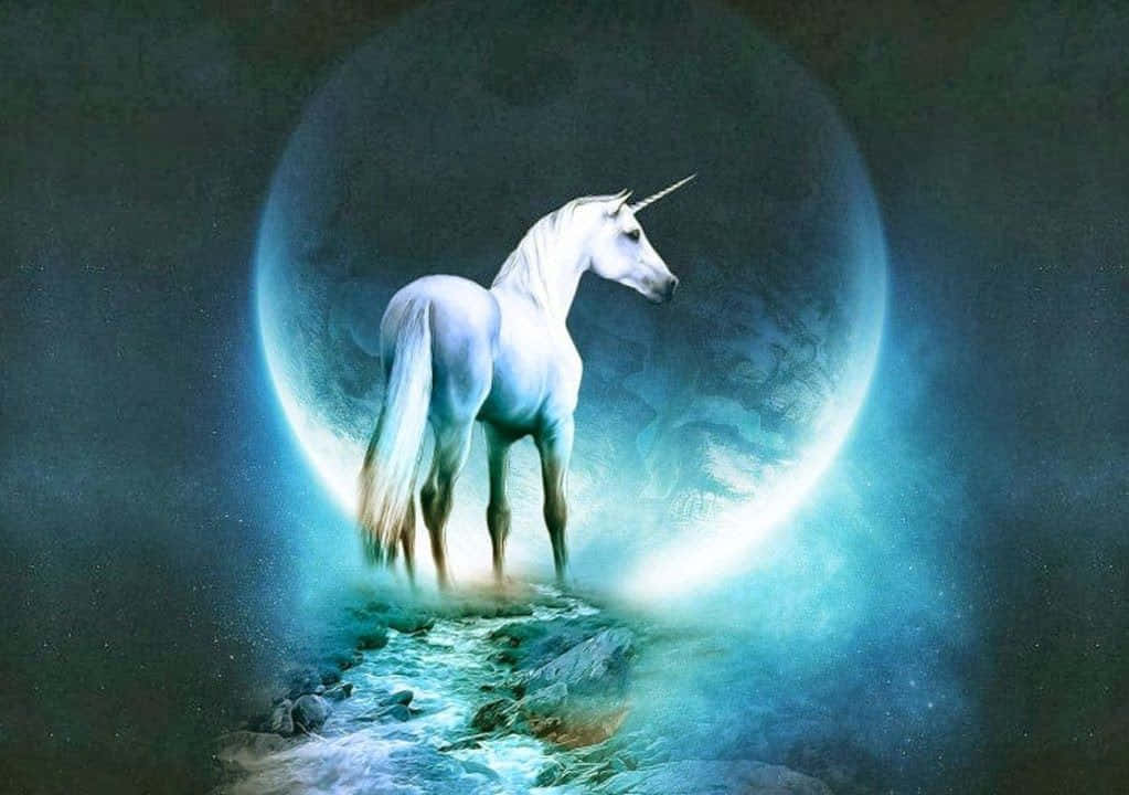 white unicorn, glowing blue crescent moon, cosmic mist, SD Desktop Wallpaper