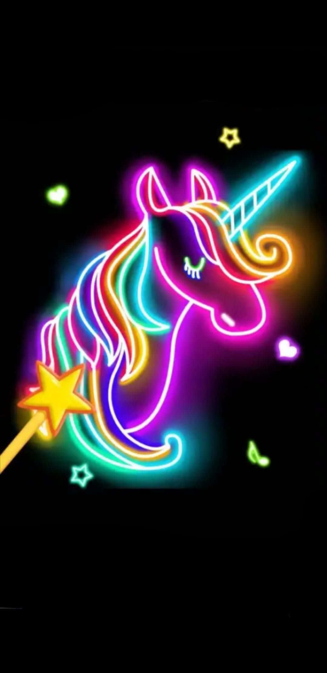 Neon Unicorn Aesthetic, rainbow mane, glowing horn, Full HD Phone Wallpaper