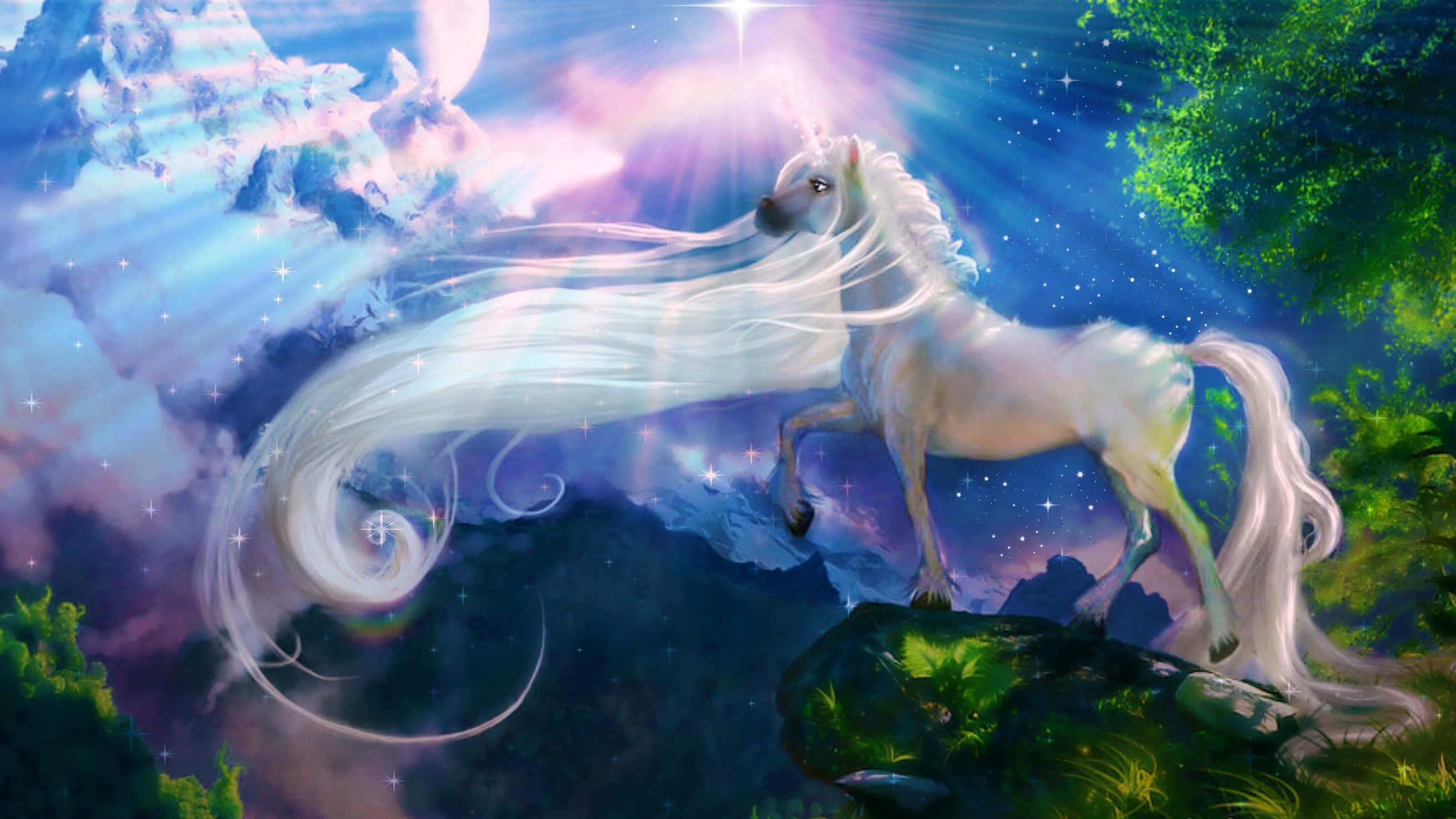 White Unicorn Aesthetic, mossy rock, starry cosmic sky, 2K Desktop Wallpaper