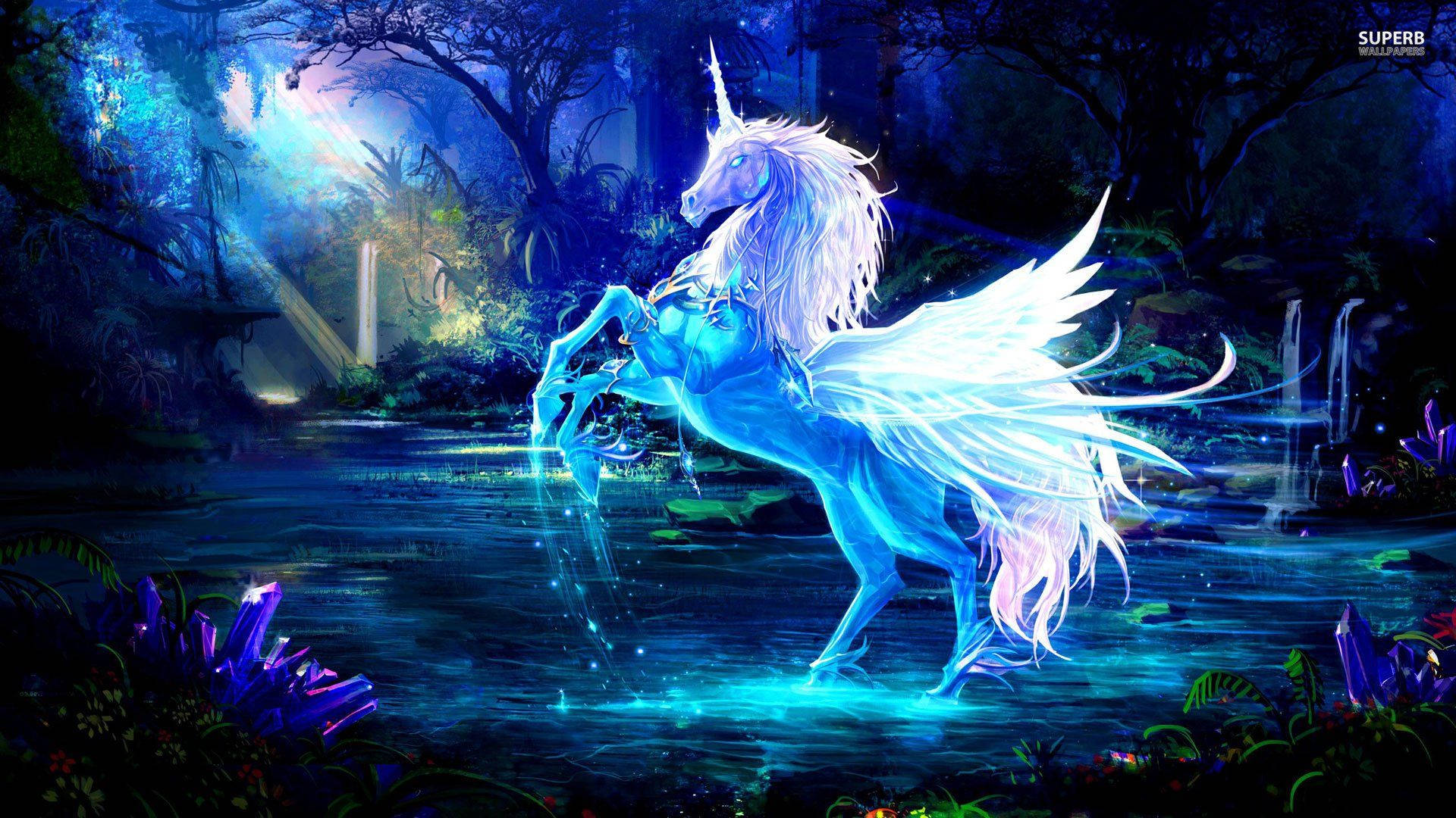 glowing blue unicorn, white wings, mystical forest stream, Full HD Desktop Wallpaper