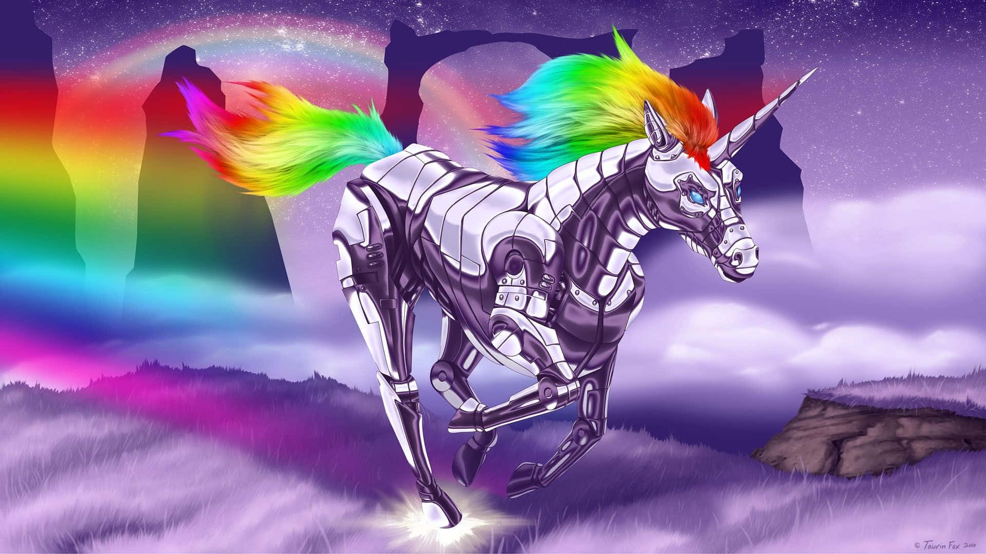 unicorn, rainbow mane, purple field, Full HD Desktop Wallpaper