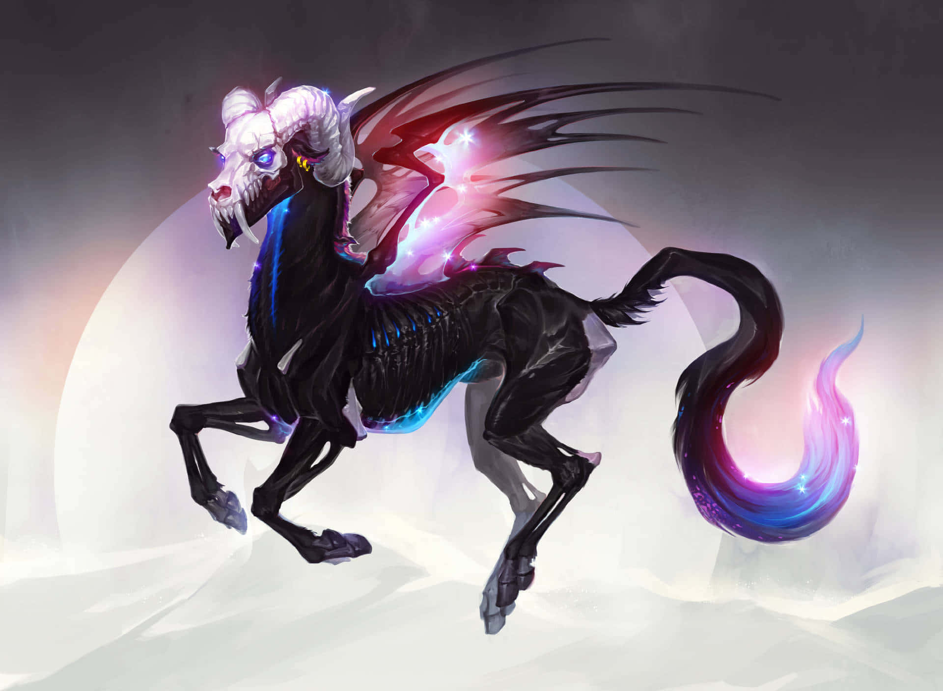 Unicorn Desktop, skeletal black chimera, glowing purple wings, Full HD Desktop Wallpaper