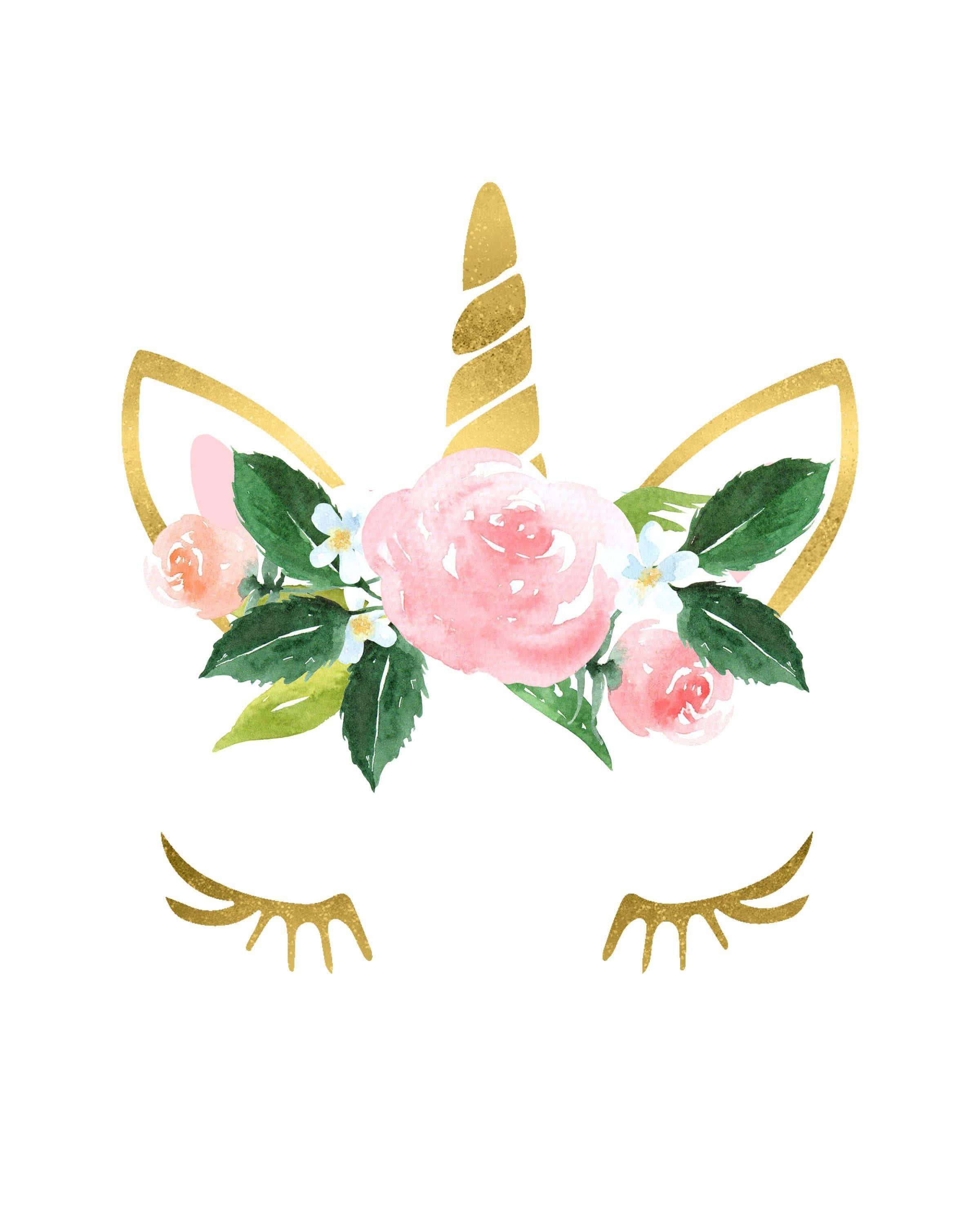 Sassy, whimsical watercolor unicorn head, golden horn, 2K Phone Wallpaper