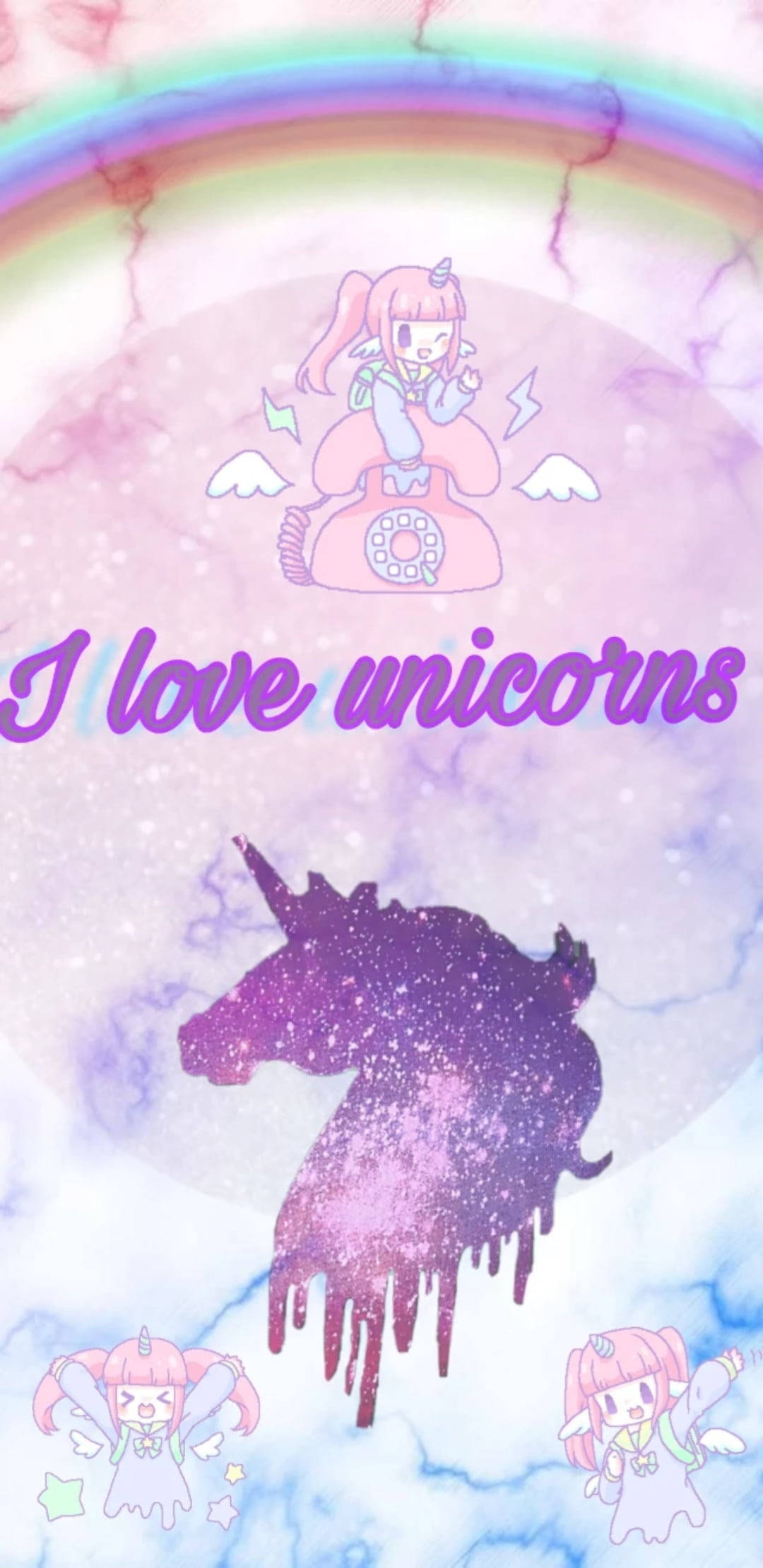 pink-haired girl, unicorn phone, rainbow, Full HD Phone Wallpaper