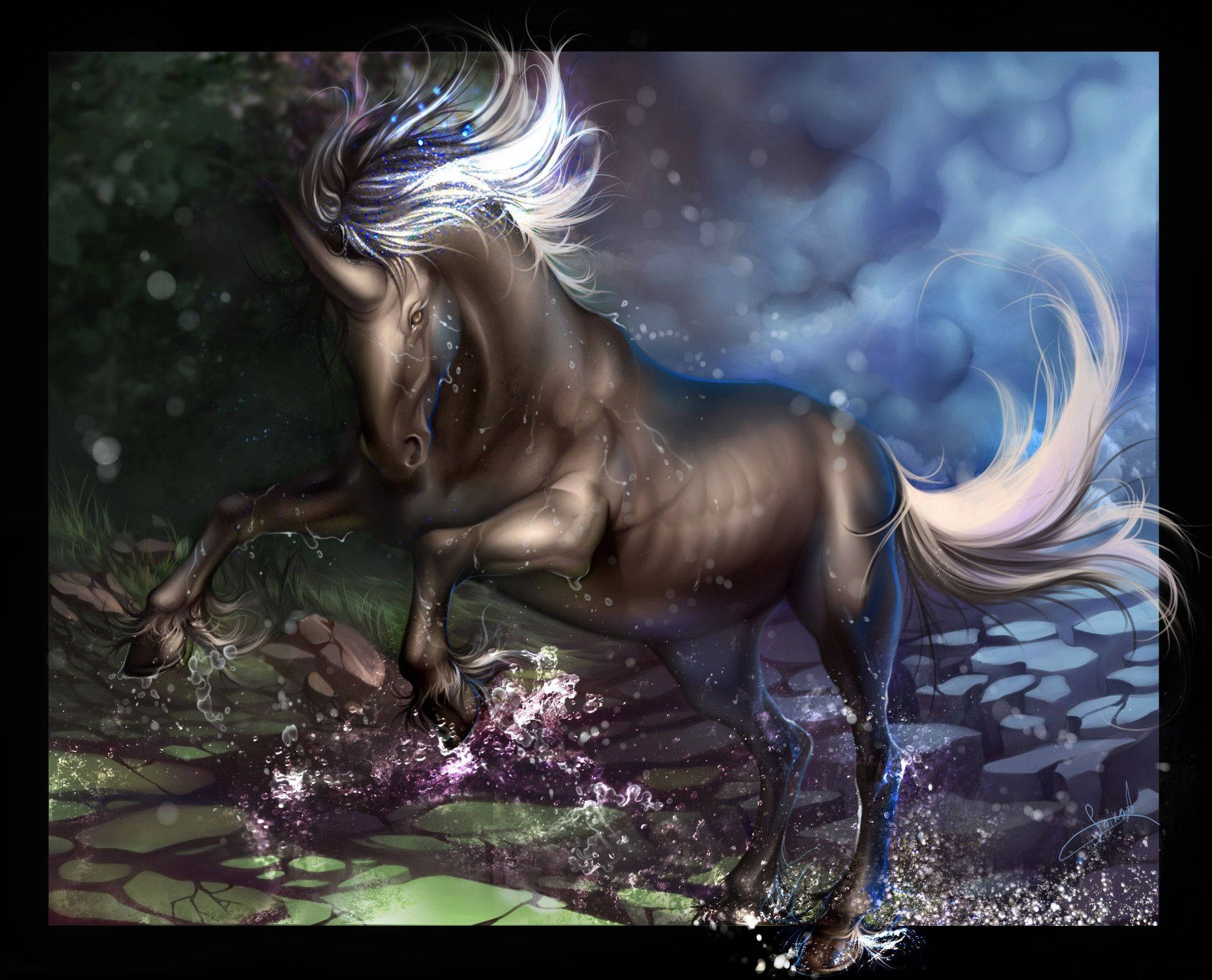 unicorn hoofs, glowing white mane, sparkling water, Full HD Desktop Wallpaper
