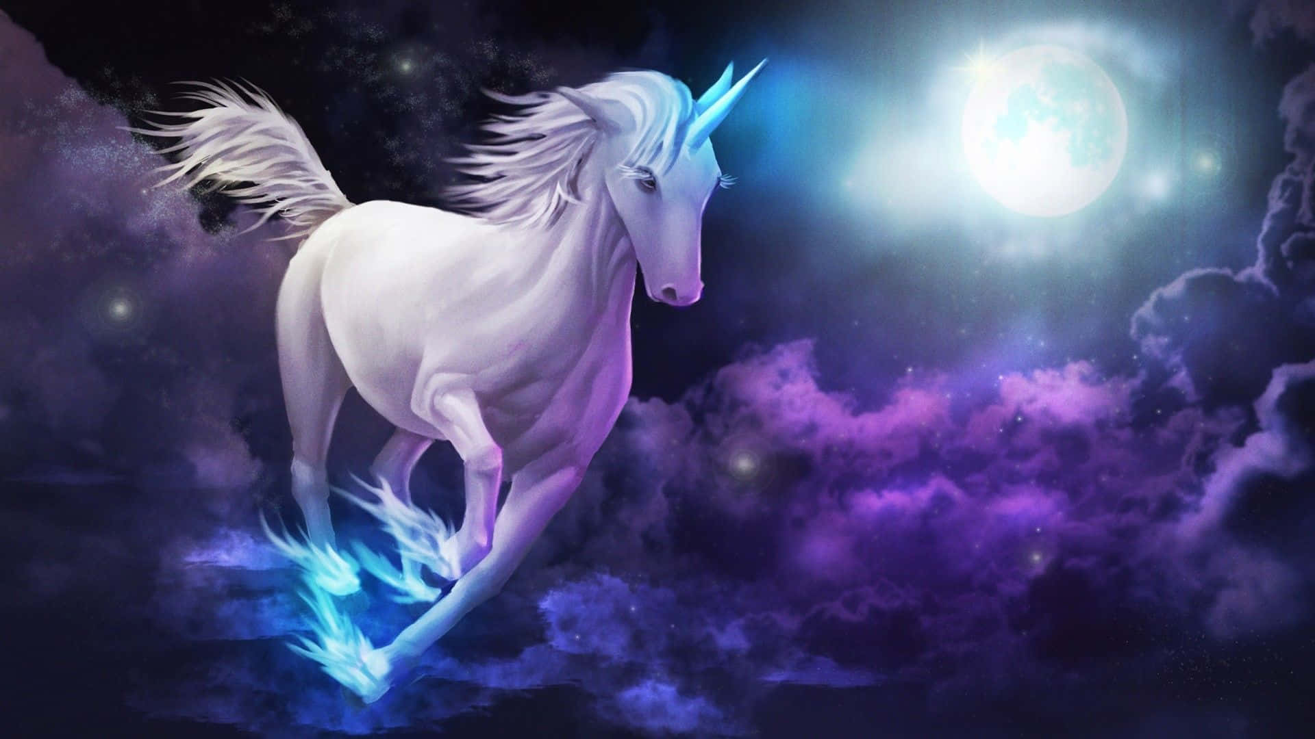 purple unicorn, cosmic clouds, glowing moon, Full HD Desktop Wallpaper