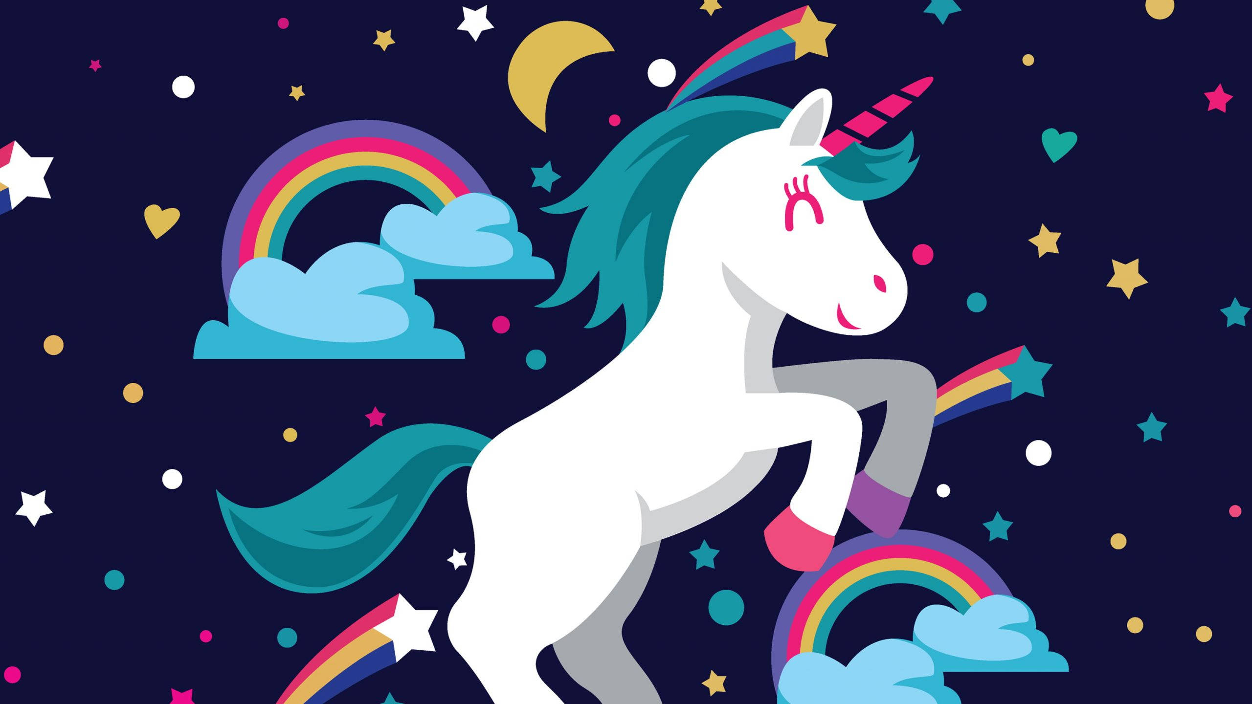 white unicorn, teal mane, rainbow horn, 2K Desktop Wallpaper