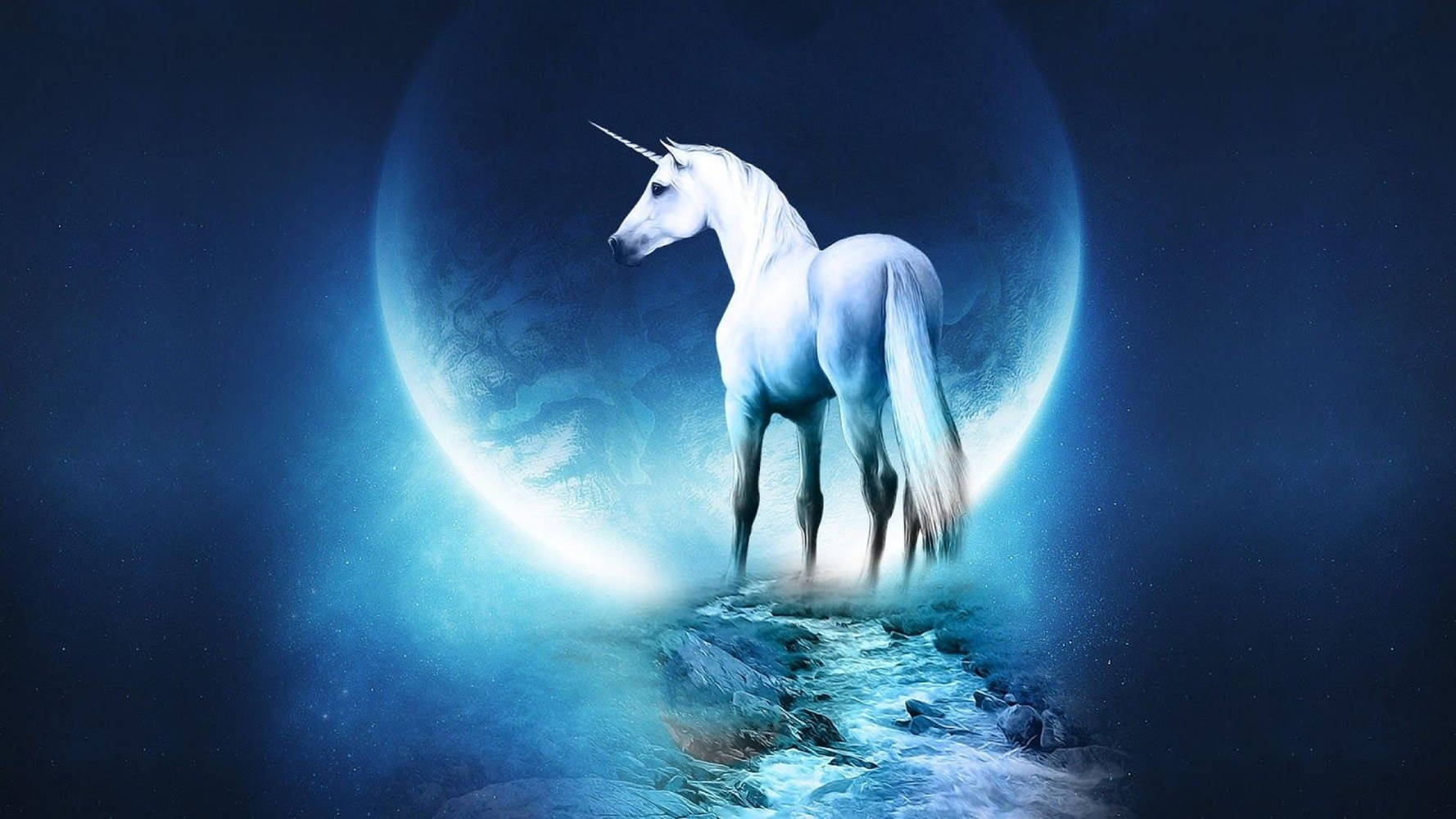 white unicorn, glowing blue stream, luminous crescent moon, HD Desktop Wallpaper