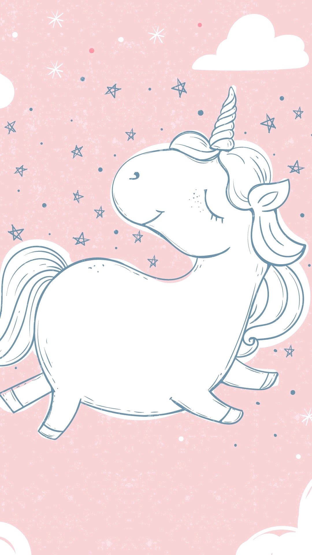 cute cartoon unicorn, pink starry sky, fluffy clouds, Full HD Phone Wallpaper