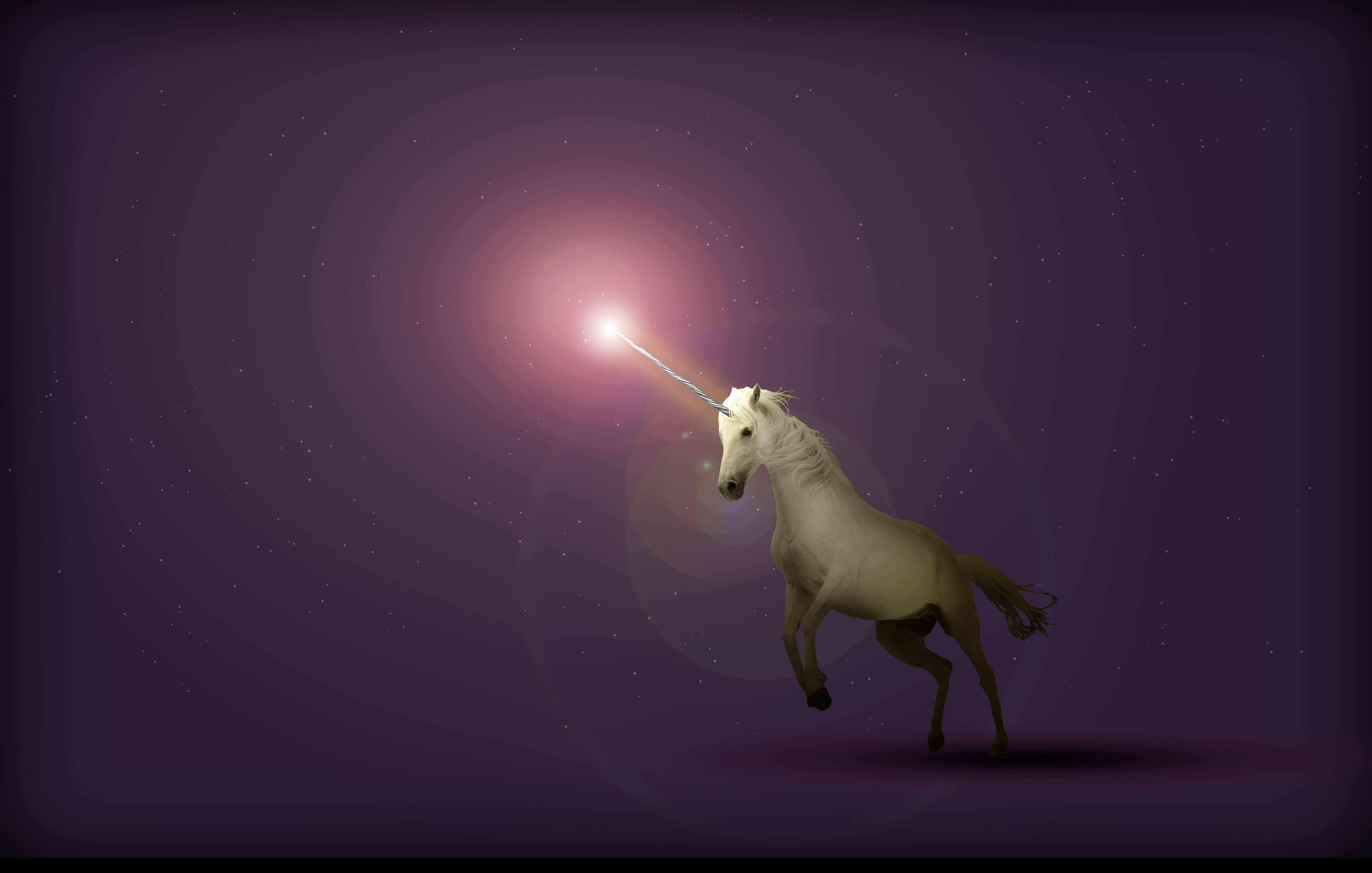 unicorn, starry purple night sky, glowing horn, 5K Desktop Wallpaper