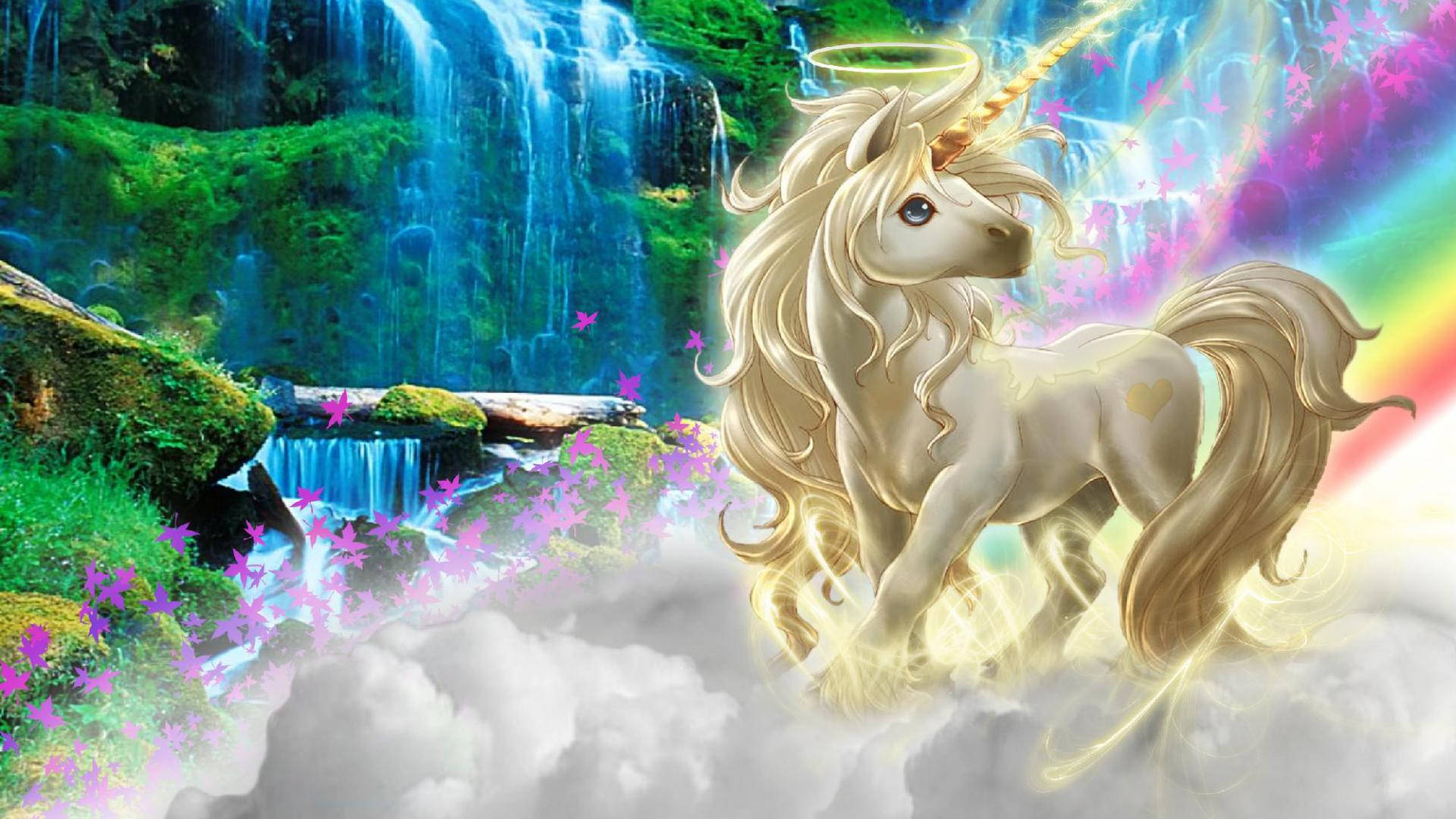 fantasy unicorn, golden unicorn, glowing horn, Full HD Desktop Wallpaper