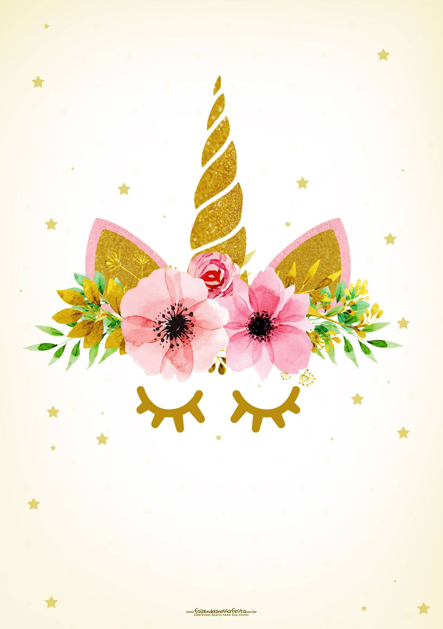 whimsical watercolor unicorn, pink flowers, gold horn, Full HD Phone Wallpaper